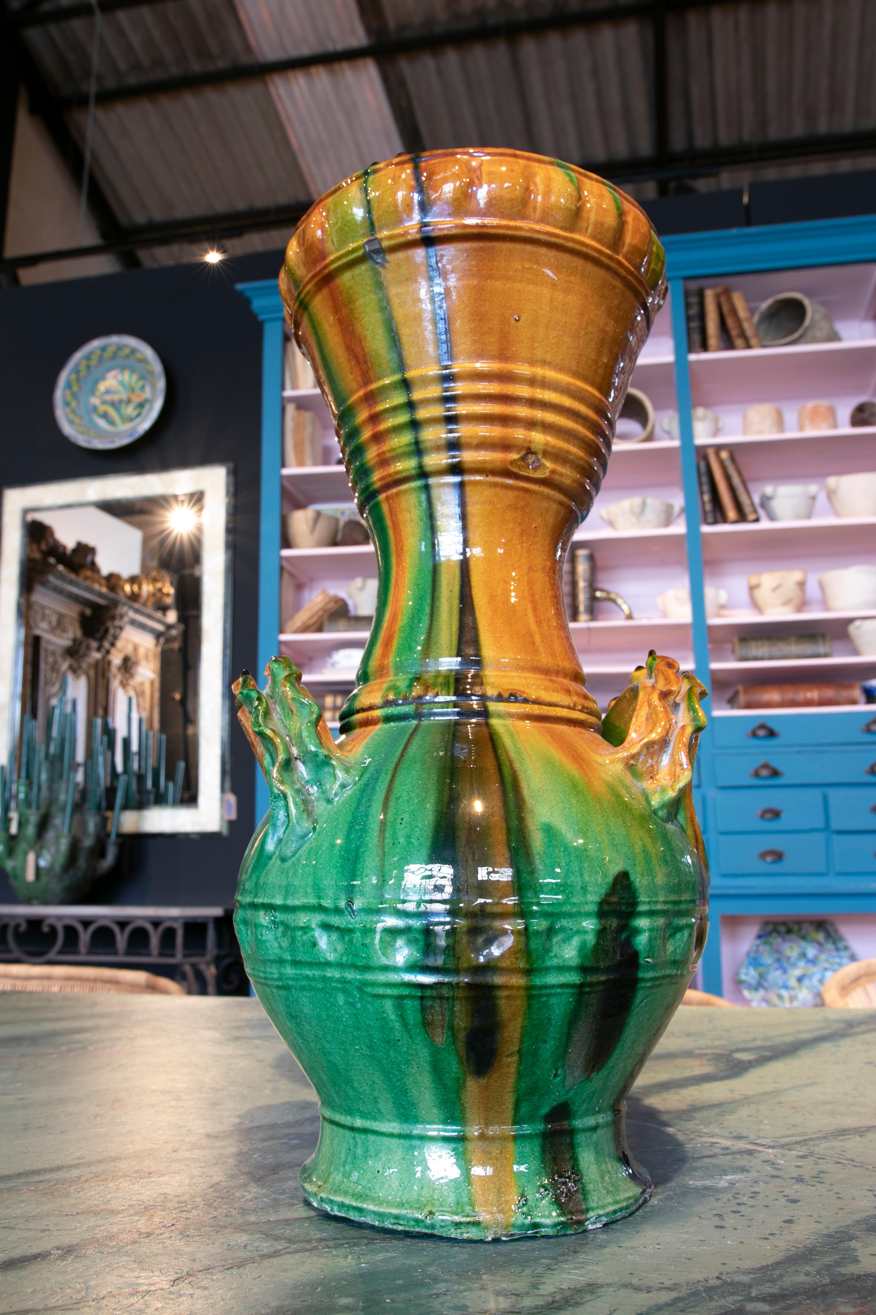1970s Spanish Brown & Green Glazed Terracotta Ceramic Vase w/ Handles 7
