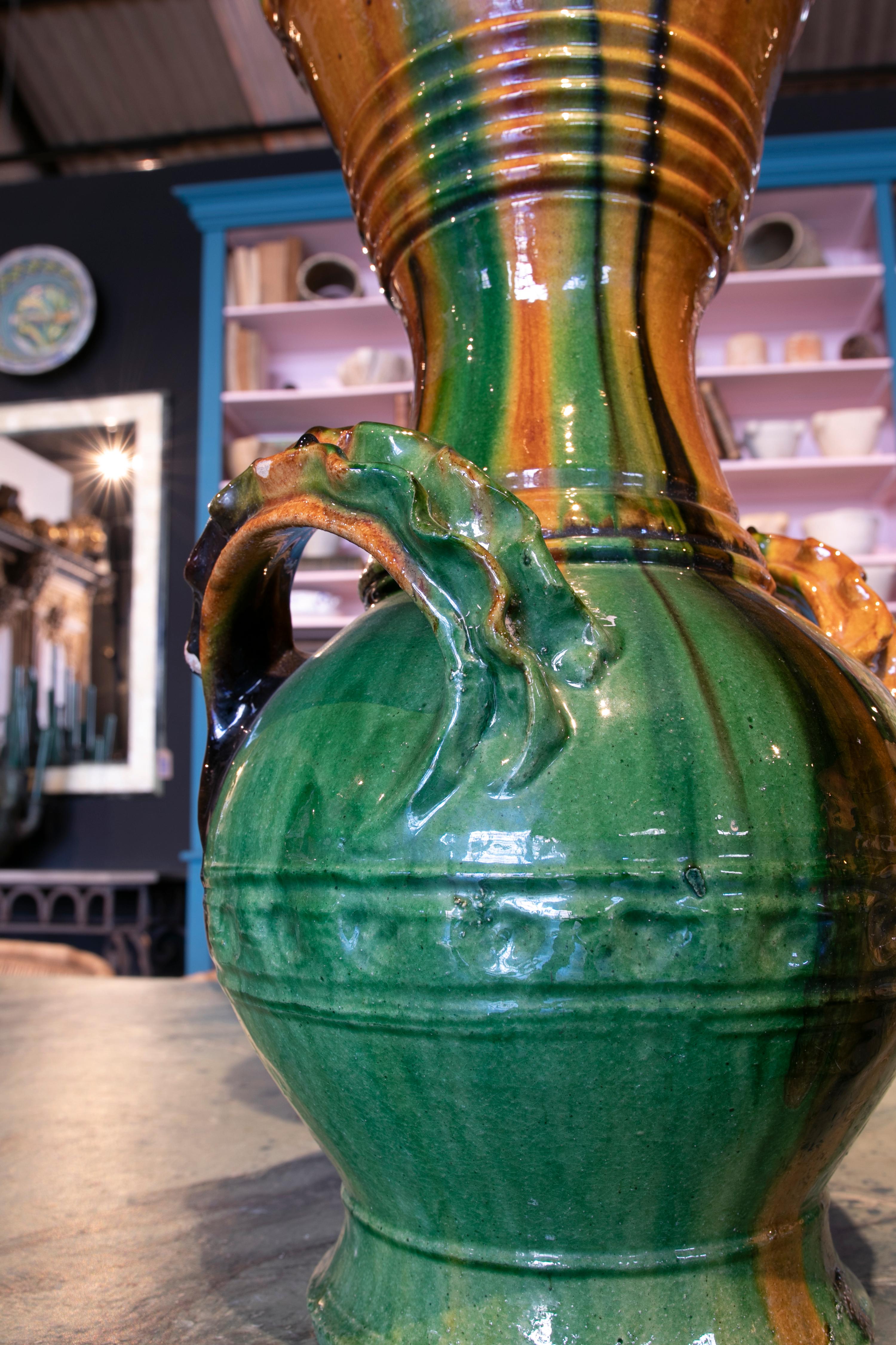 1970s Spanish Brown & Green Glazed Terracotta Ceramic Vase w/ Handles 8