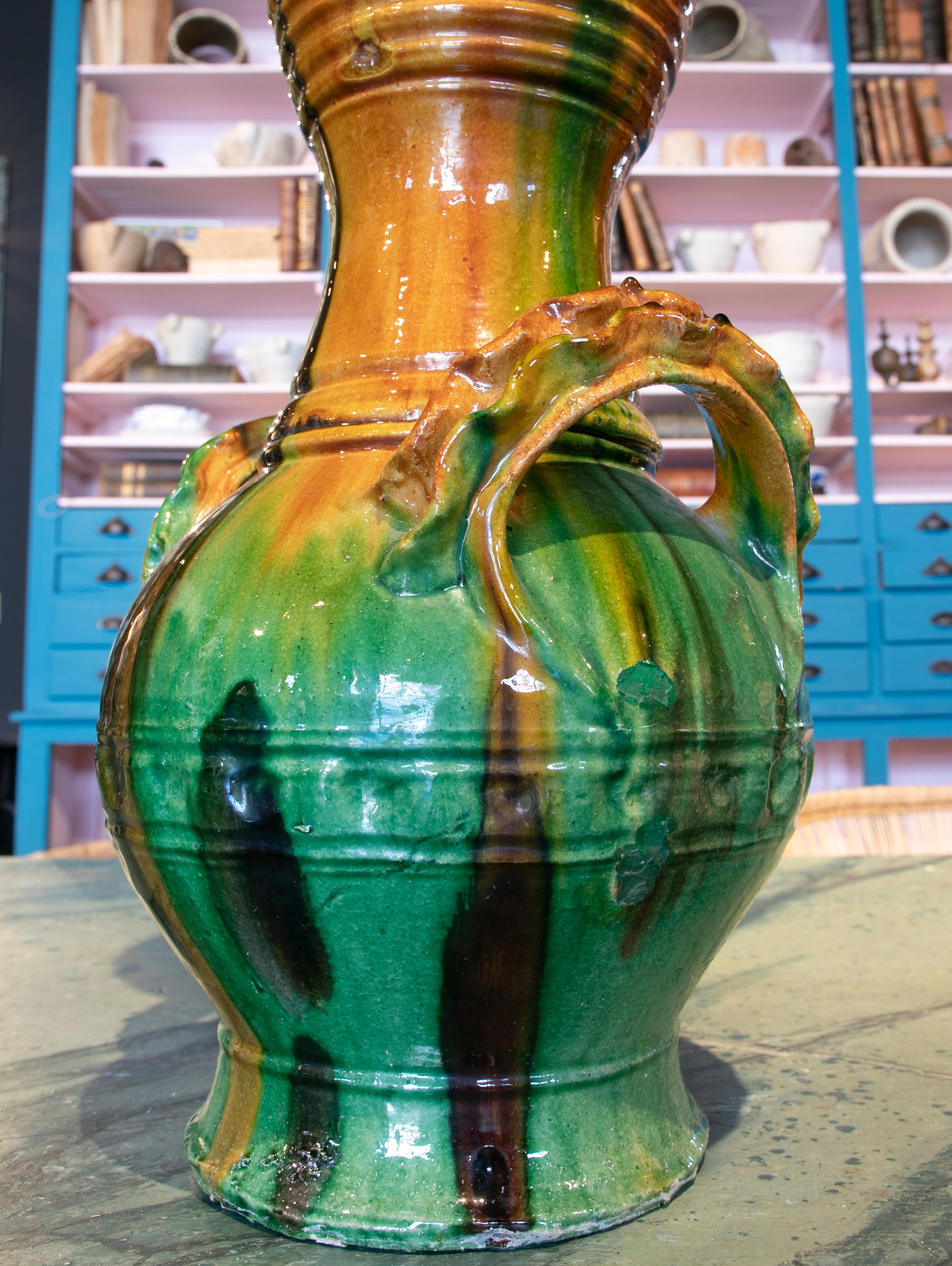 1970s Spanish Brown & Green Glazed Terracotta Ceramic Vase w/ Handles 9