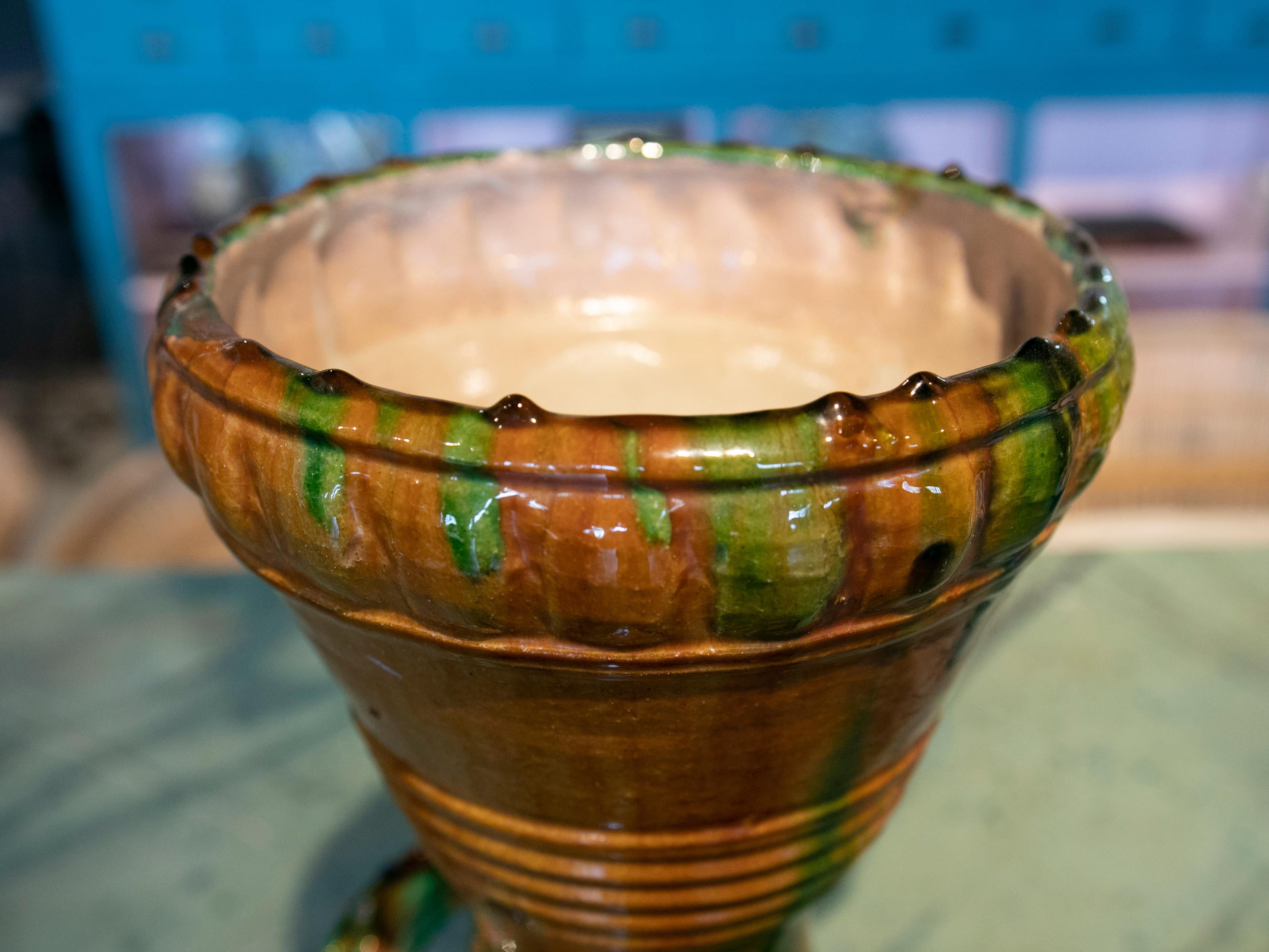 1970s Spanish Brown & Green Glazed Terracotta Ceramic Vase w/ Handles 11