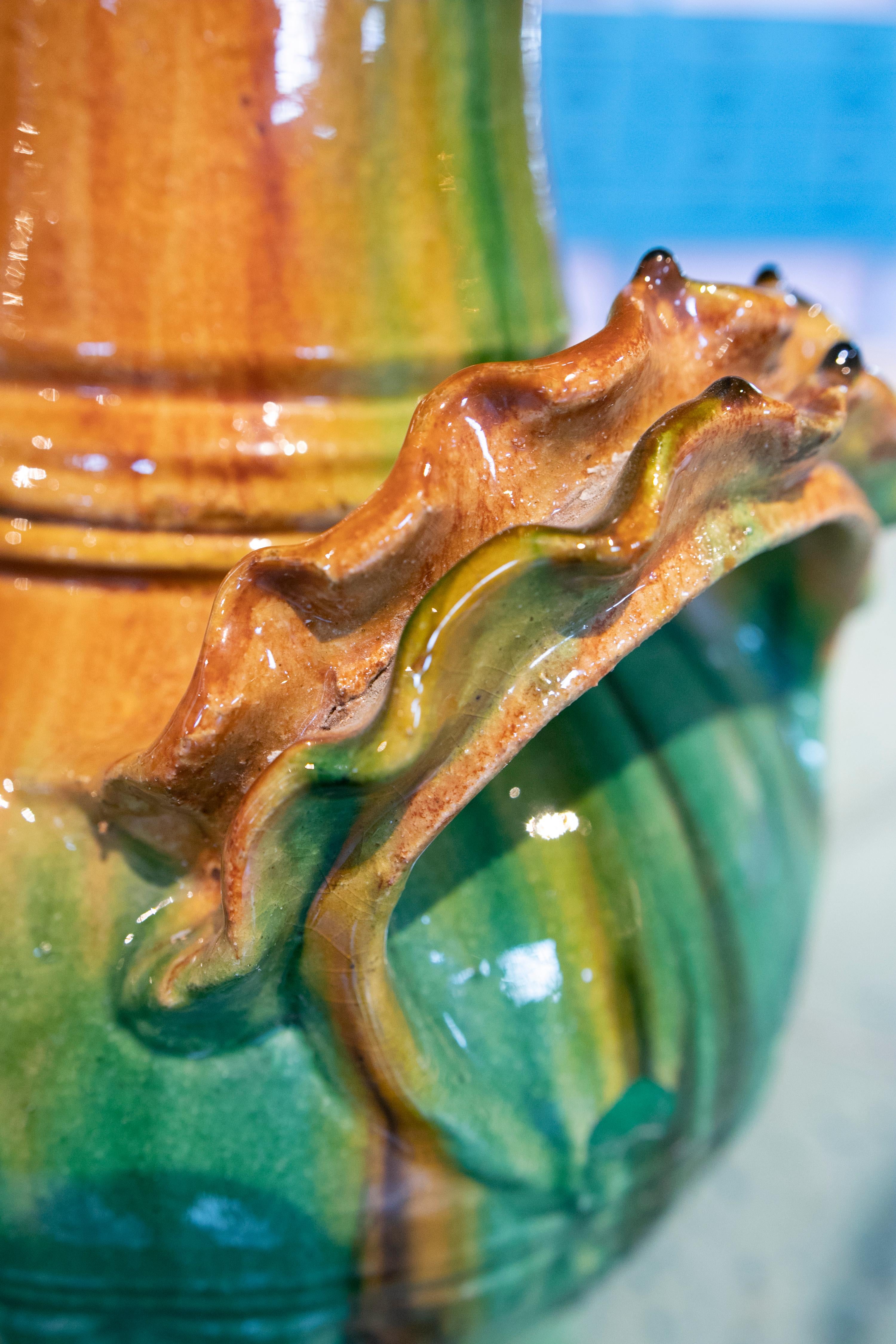 1970s Spanish Brown & Green Glazed Terracotta Ceramic Vase w/ Handles 12