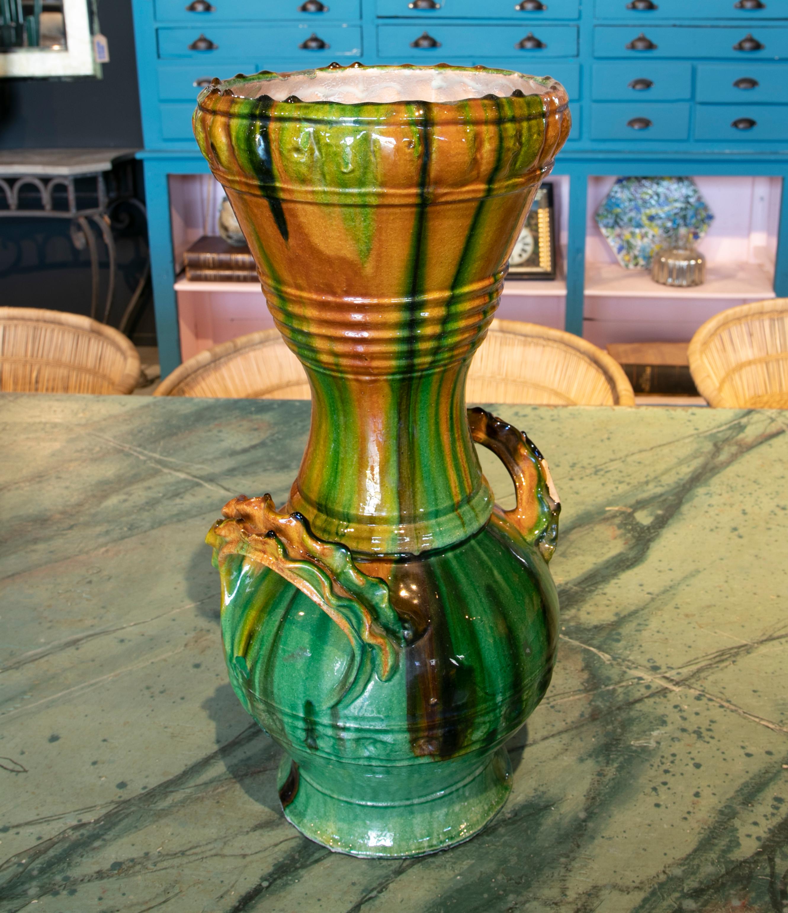 20th Century 1970s Spanish Brown & Green Glazed Terracotta Ceramic Vase w/ Handles