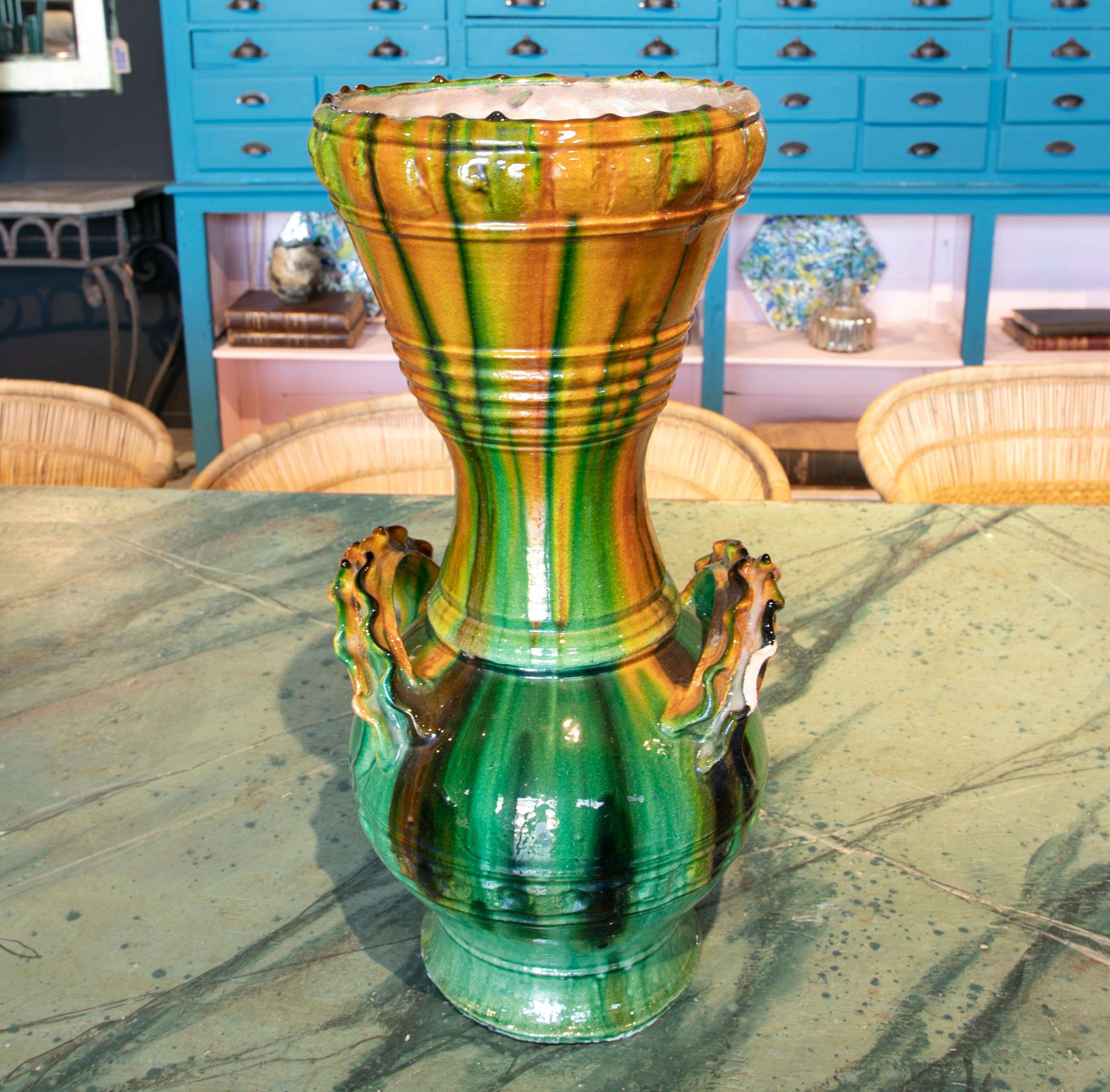 1970s Spanish Brown & Green Glazed Terracotta Ceramic Vase w/ Handles 1