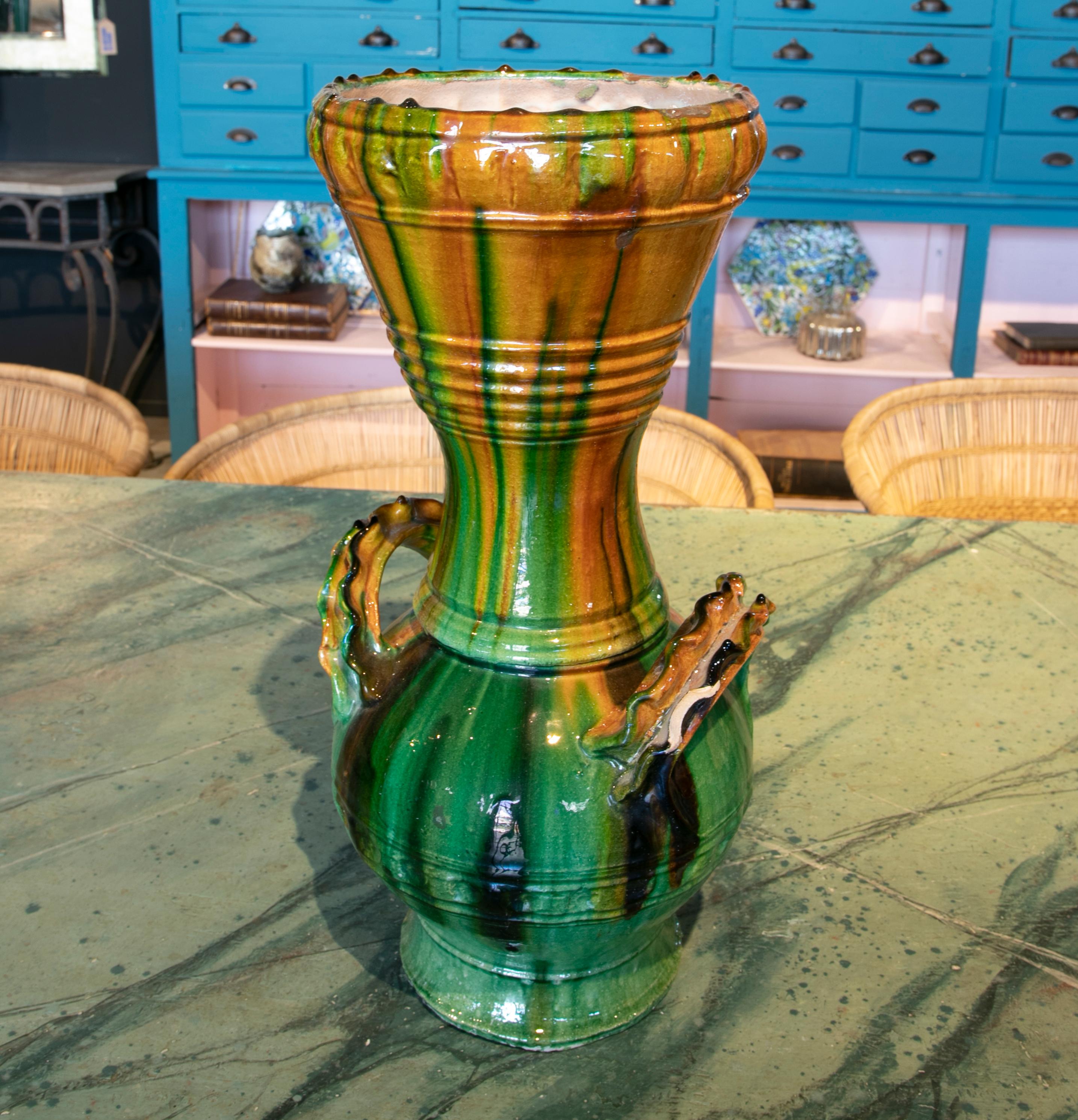 1970s Spanish Brown & Green Glazed Terracotta Ceramic Vase w/ Handles 2
