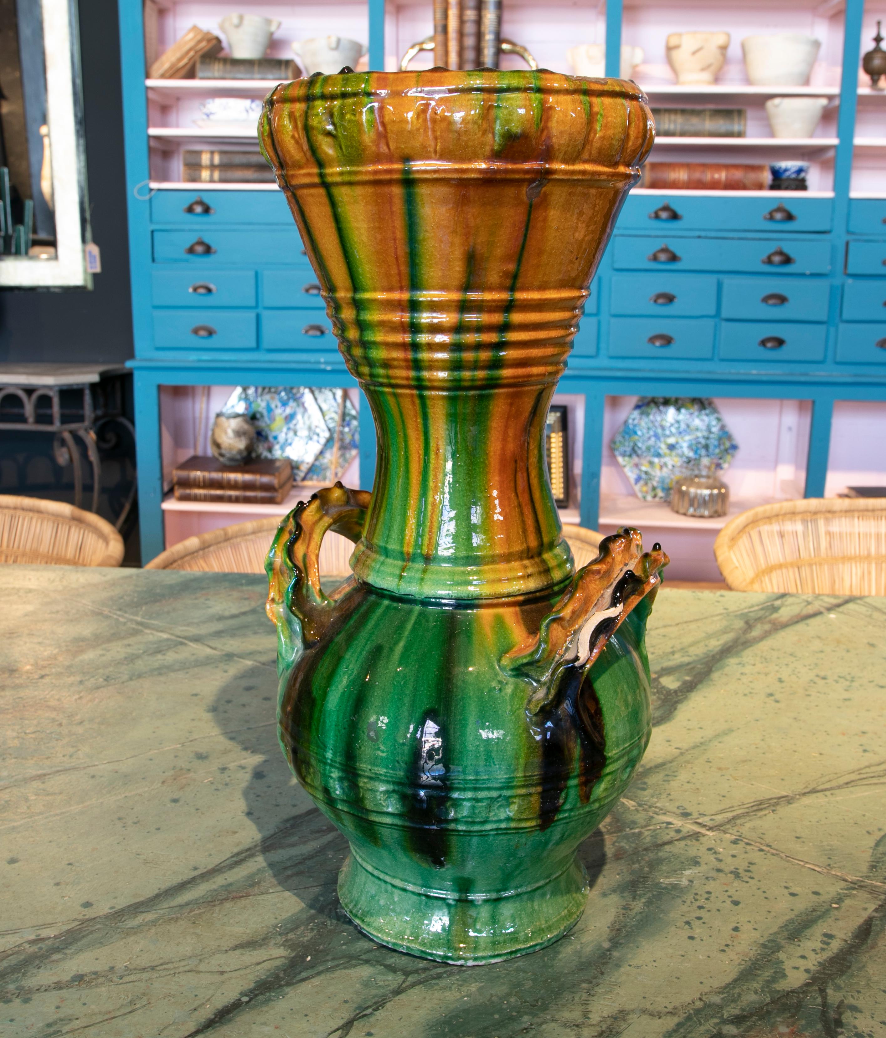 1970s Spanish Brown & Green Glazed Terracotta Ceramic Vase w/ Handles 3