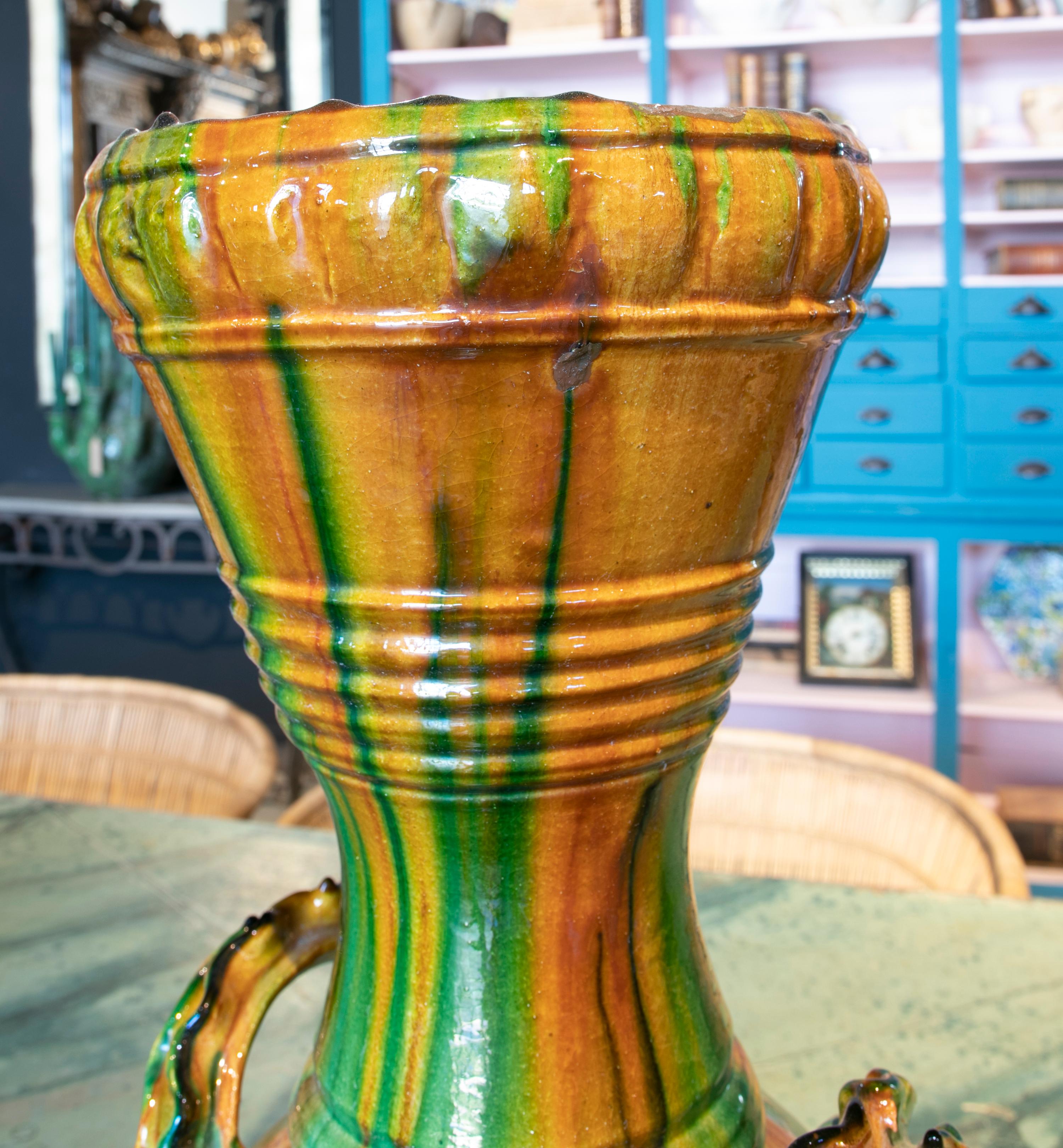 1970s Spanish Brown & Green Glazed Terracotta Ceramic Vase w/ Handles 4
