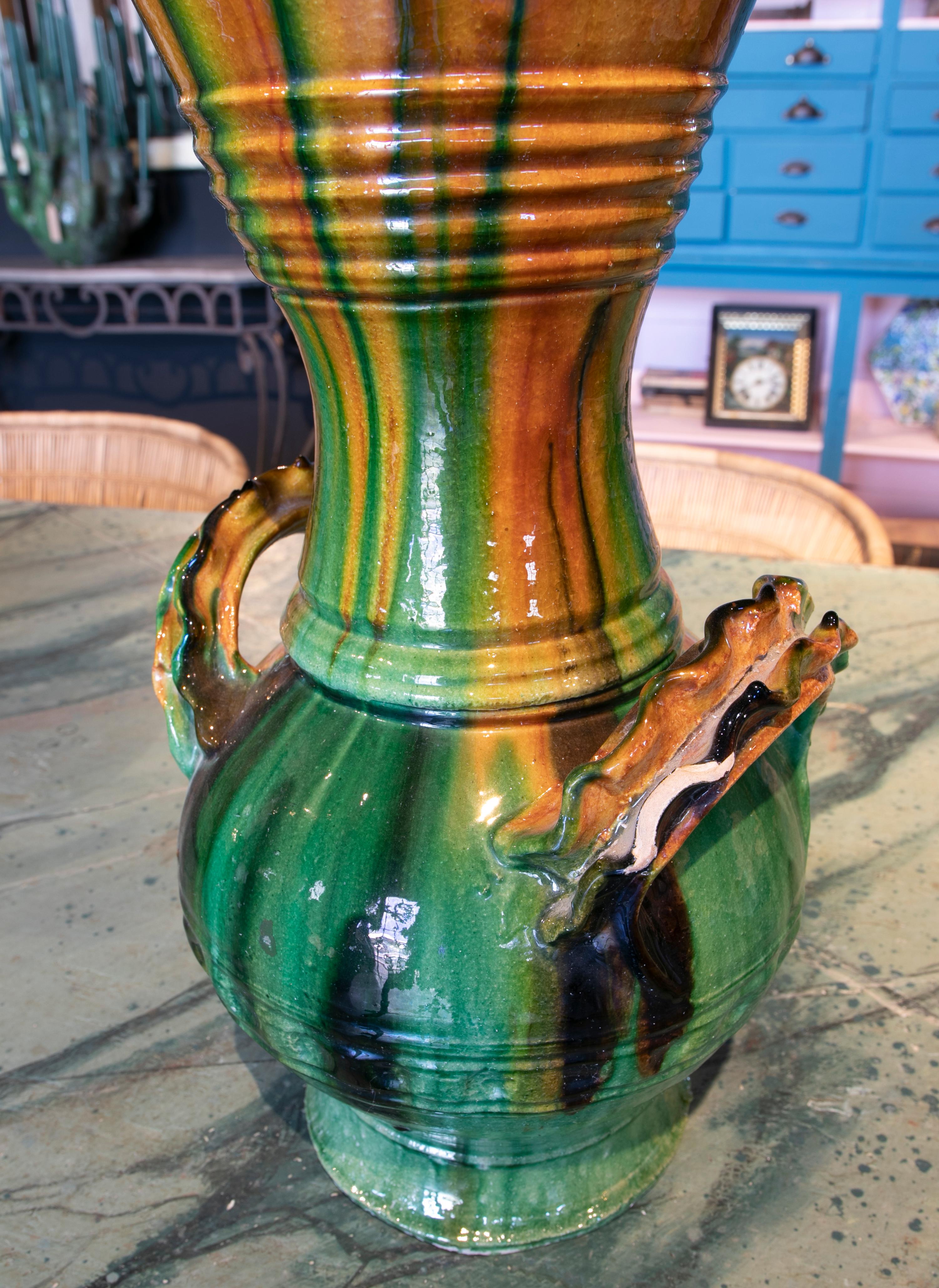1970s Spanish Brown & Green Glazed Terracotta Ceramic Vase w/ Handles 5