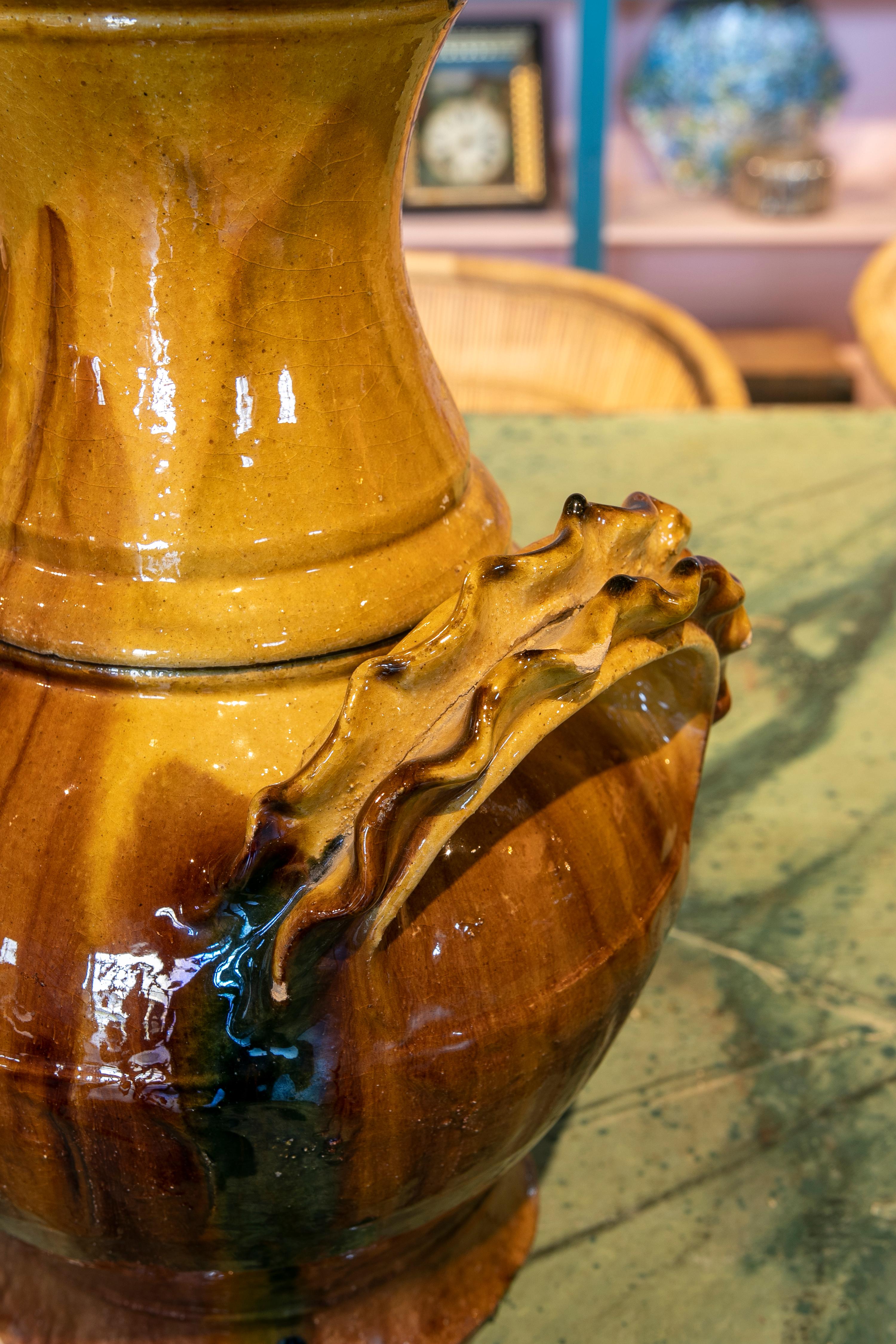 1970s Spanish Brown & Yellow Glazed Terracotta Ceramic Vase w/ Handles 6