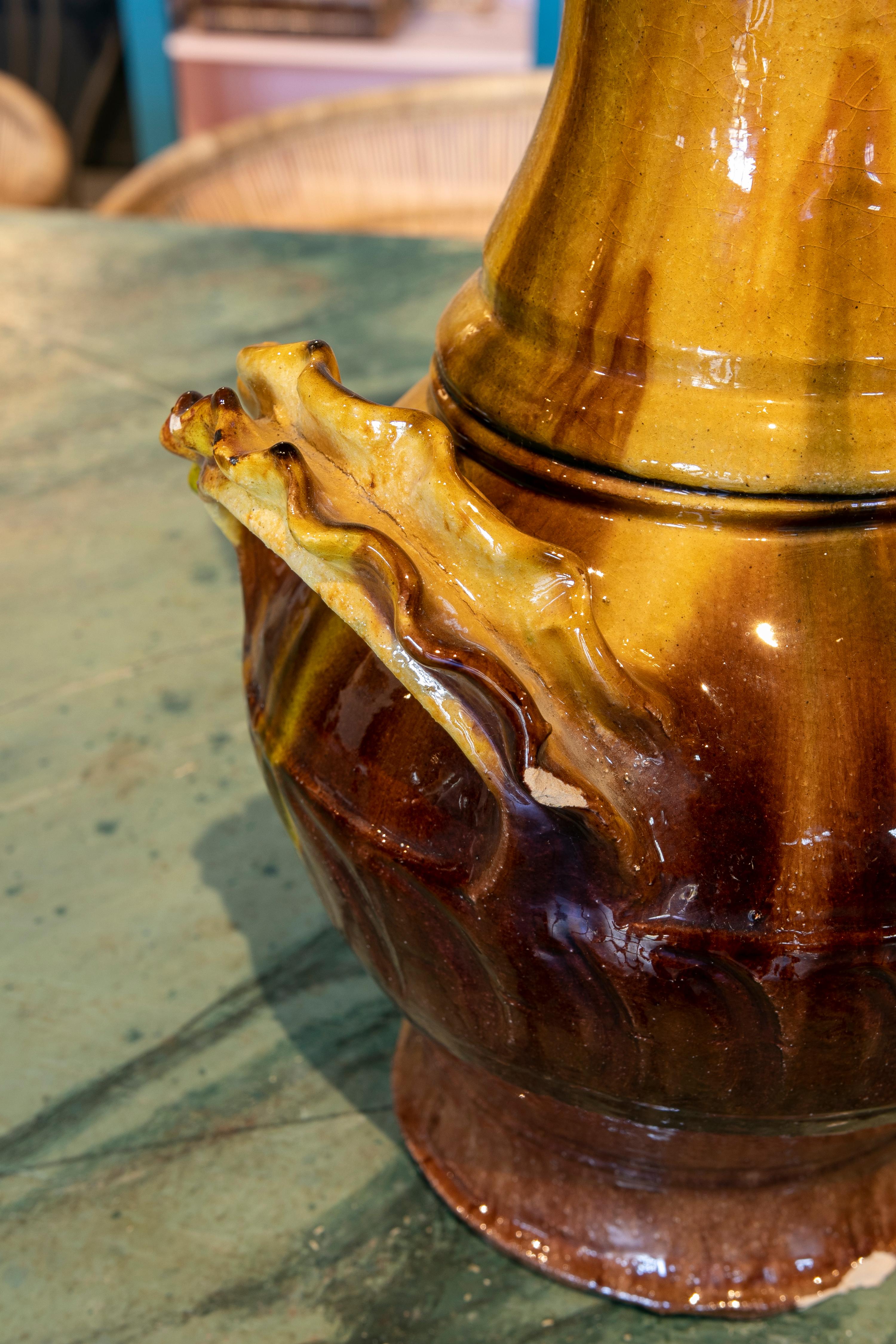 1970s Spanish Brown & Yellow Glazed Terracotta Ceramic Vase w/ Handles 7