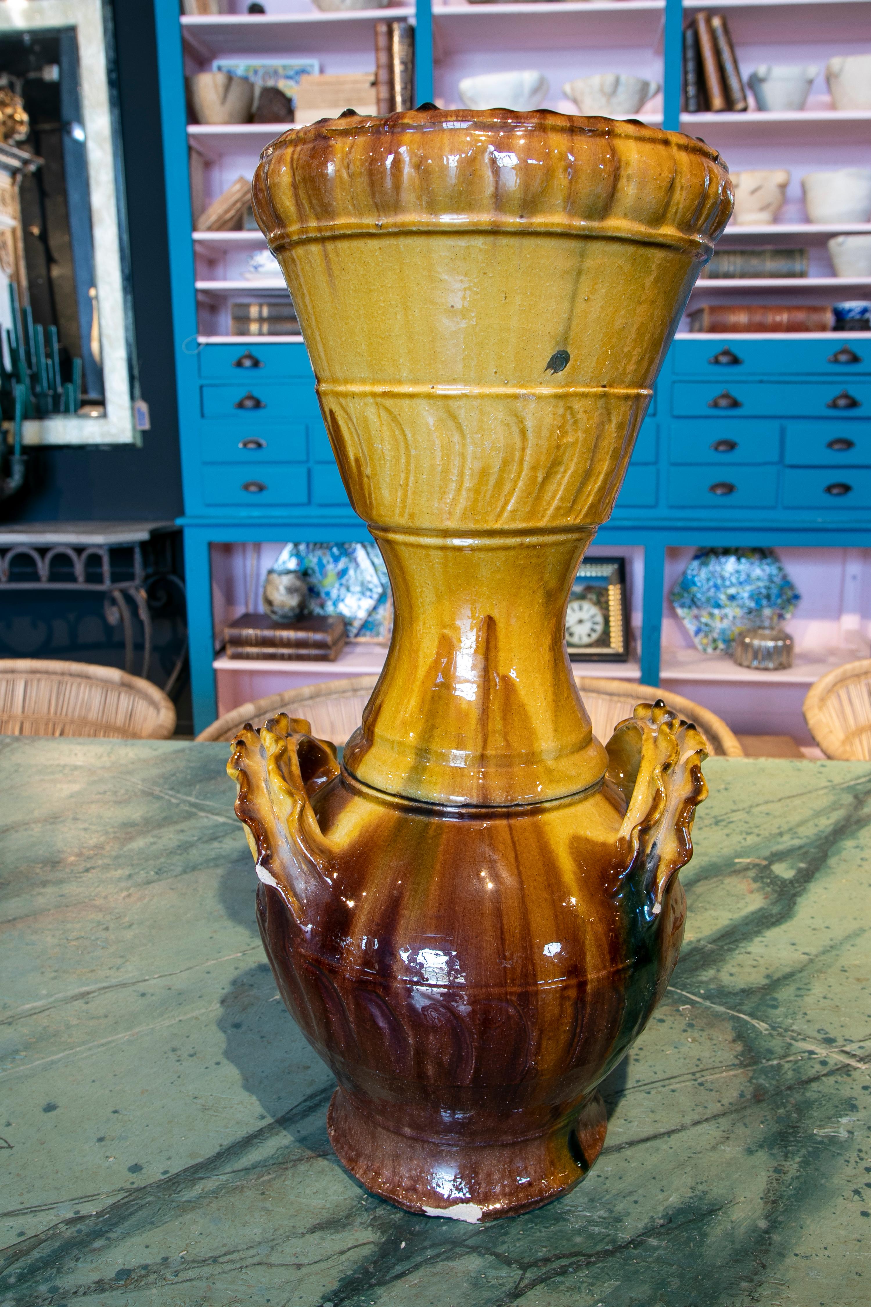 1970s Spanish Brown & Yellow Glazed Terracotta Ceramic Vase w/ Handles 1