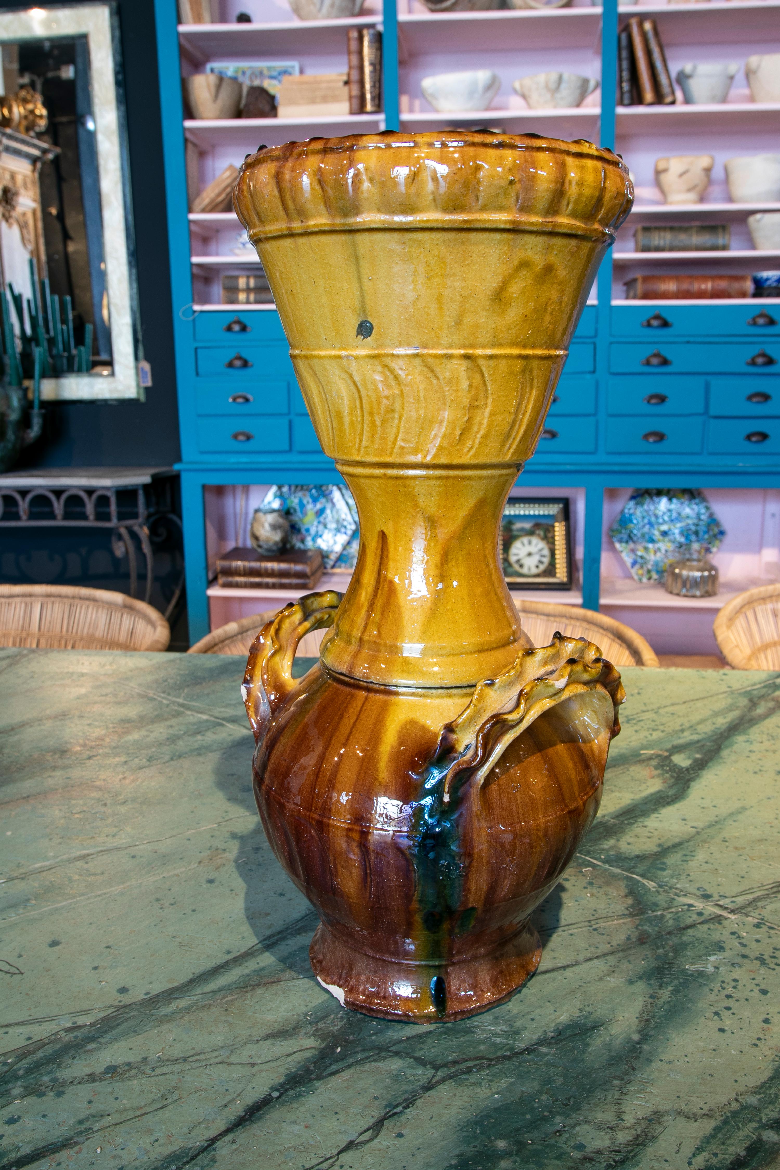 1970s Spanish Brown & Yellow Glazed Terracotta Ceramic Vase w/ Handles 2