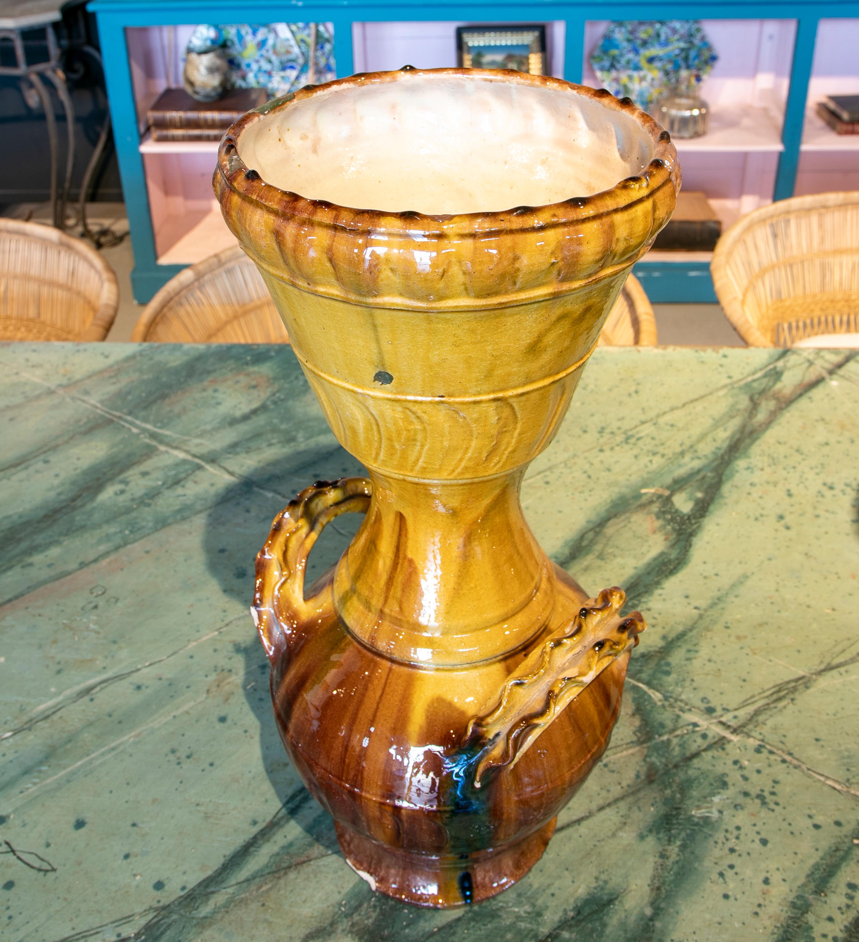 1970s Spanish Brown & Yellow Glazed Terracotta Ceramic Vase w/ Handles 4