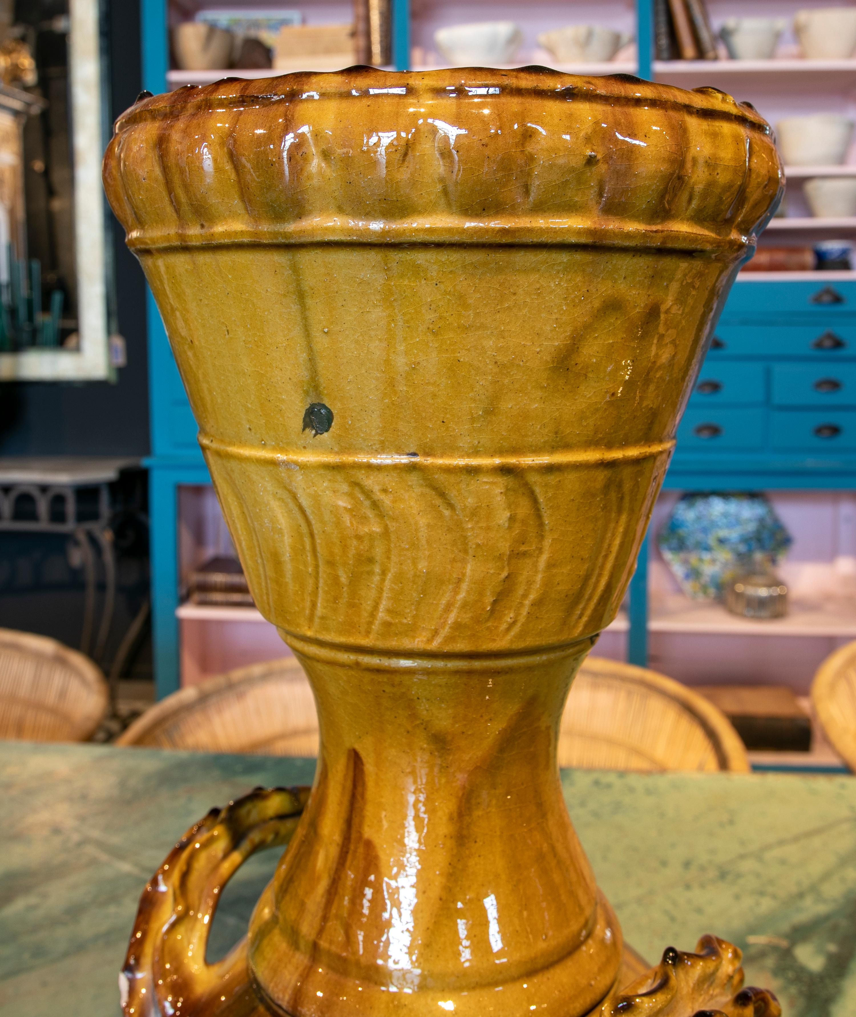 1970s Spanish Brown & Yellow Glazed Terracotta Ceramic Vase w/ Handles 5