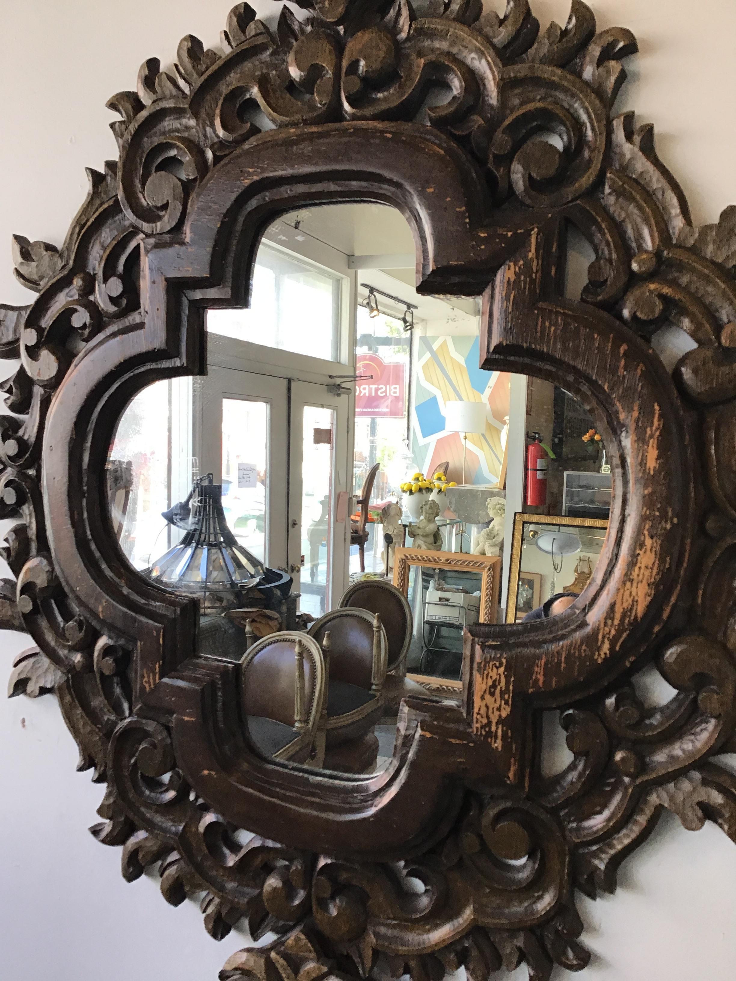1970s Spanish Carved Wood Mirror In Good Condition In Tarrytown, NY