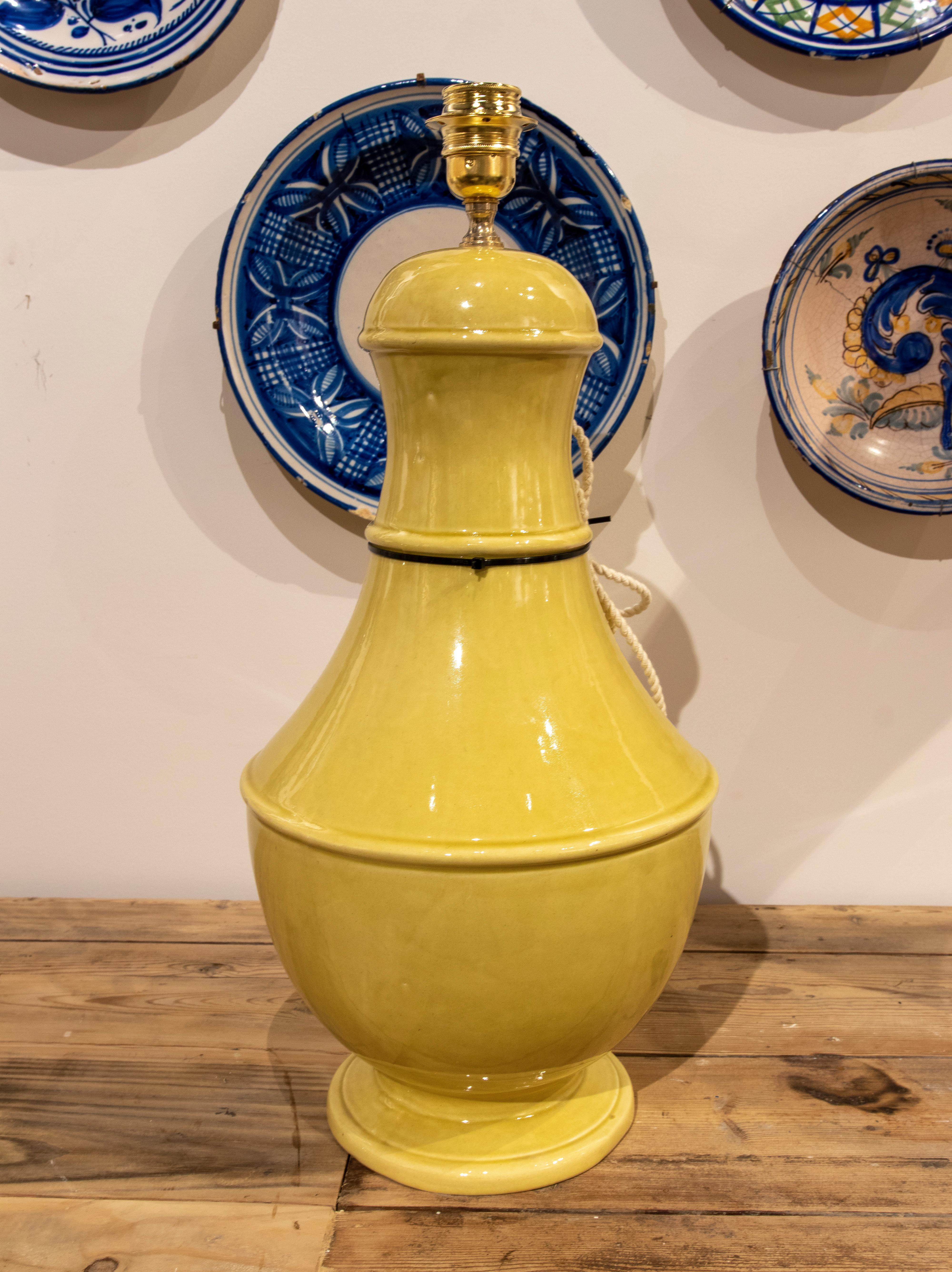 Glazed 1970s Spanish Ceramic Lamp in Yellow Colour