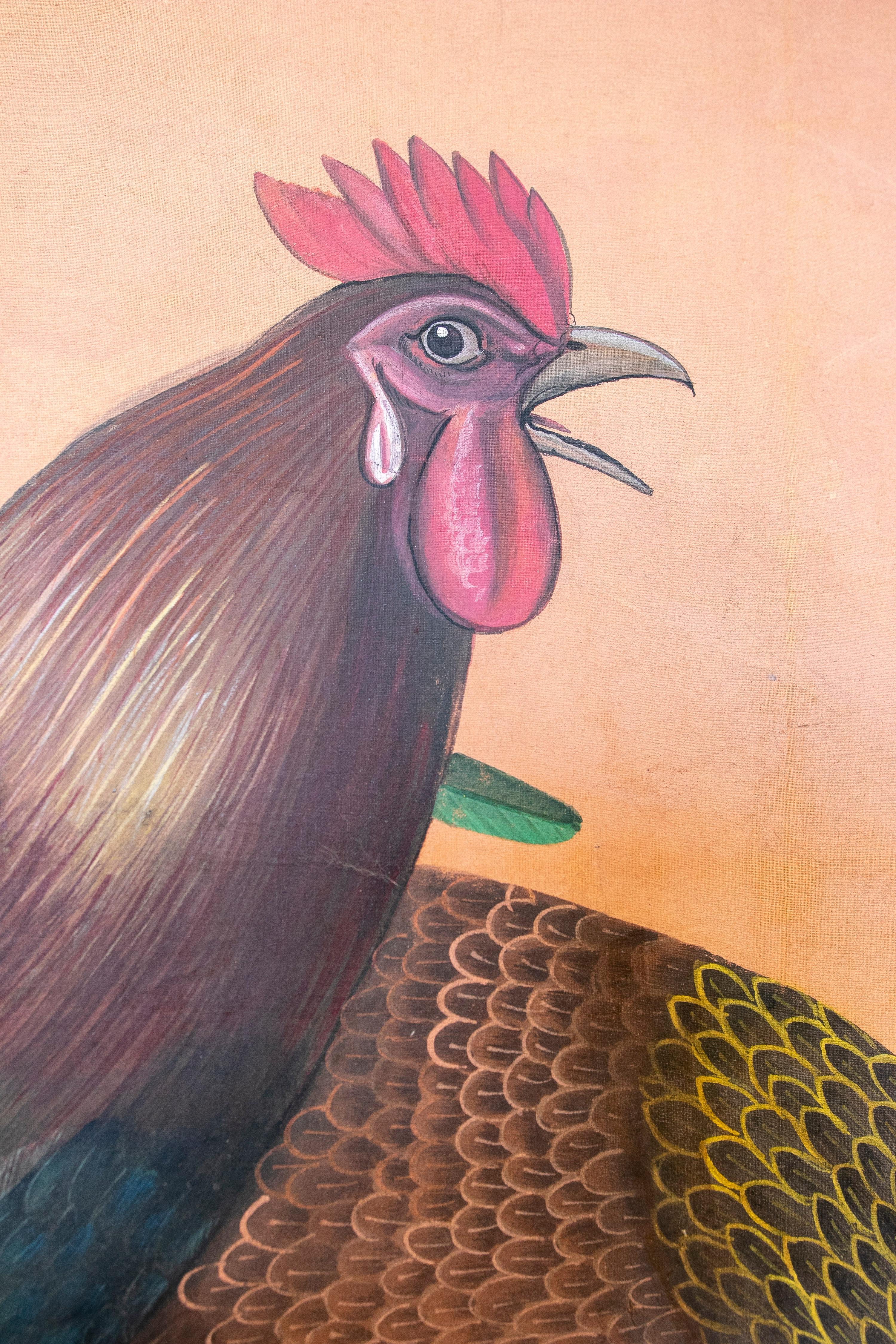 1970s Spanish Cock & Hen Hand Drawn Painting on Canvas w/ Red Frame For Sale 6