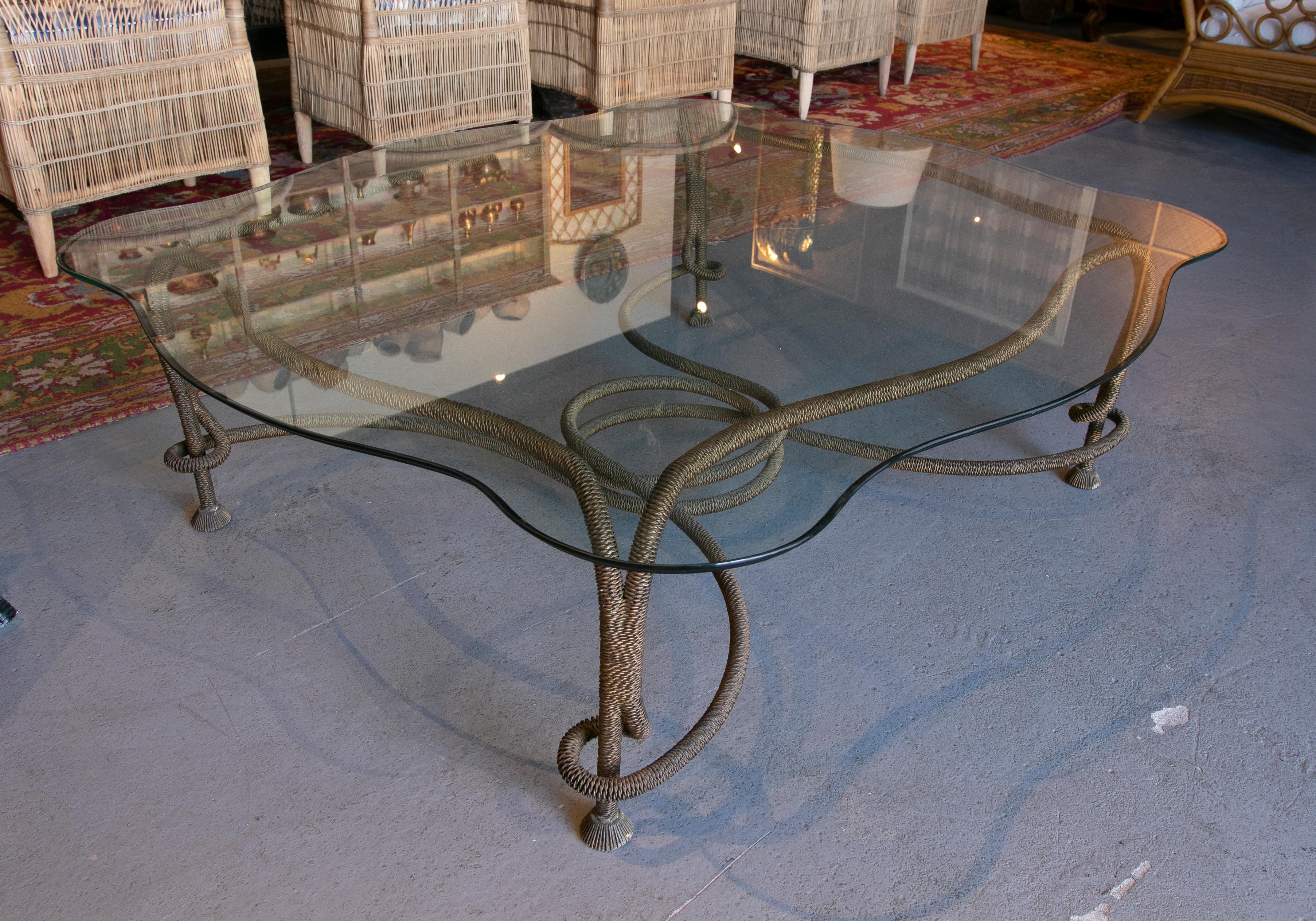 20th Century 1970s Spanish Coffee Table in Bronze in the Shape of a Cordon with Glass Top