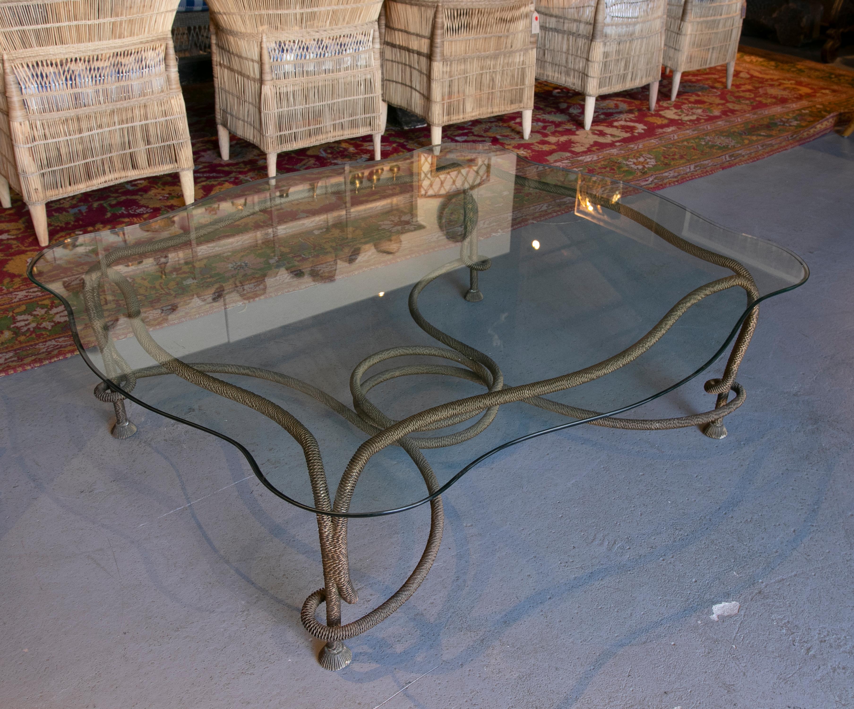 1970s Spanish Coffee Table in Bronze in the Shape of a Cordon with Glass Top 2