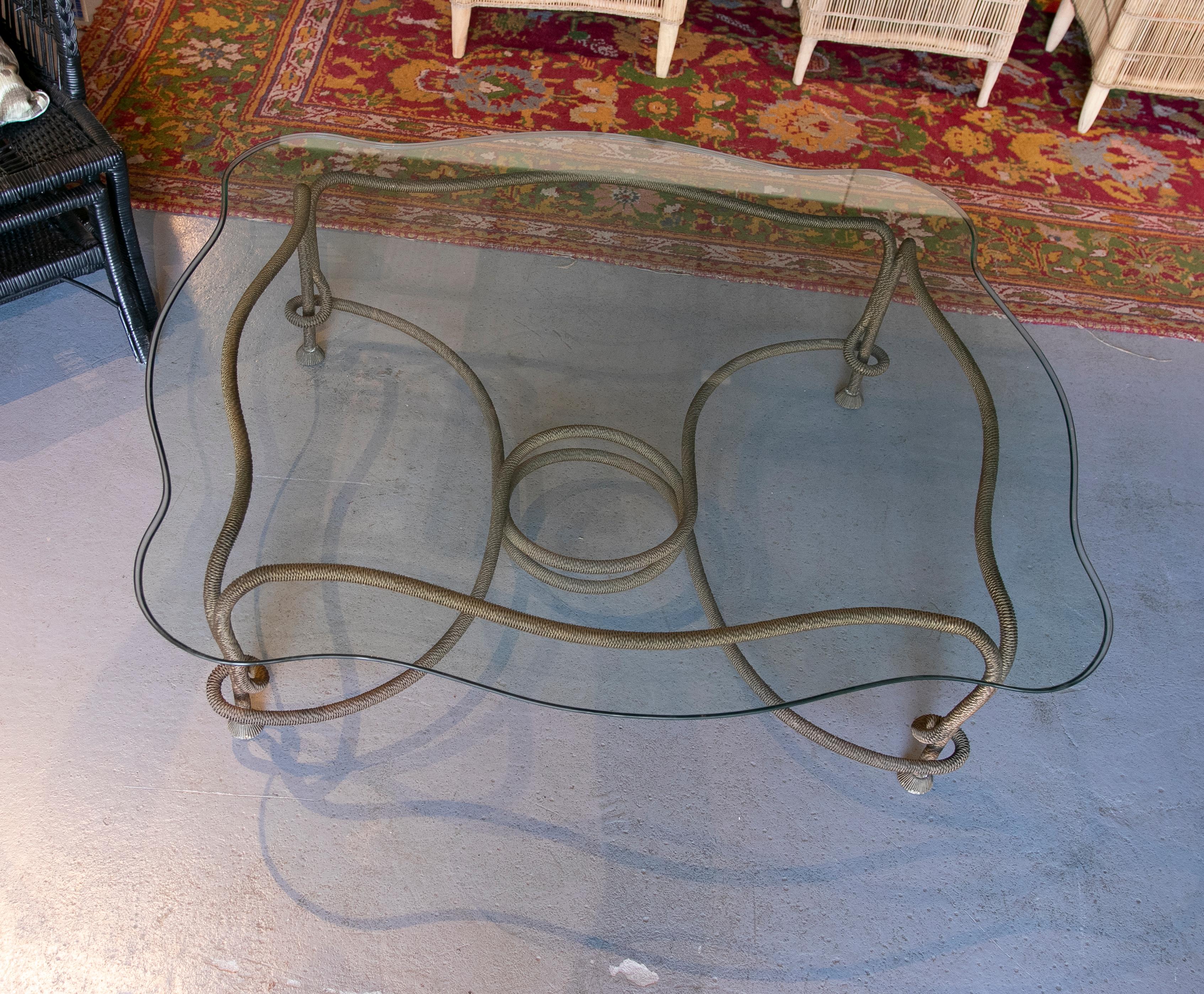 1970s Spanish Coffee Table in Bronze in the Shape of a Cordon with Glass Top 3