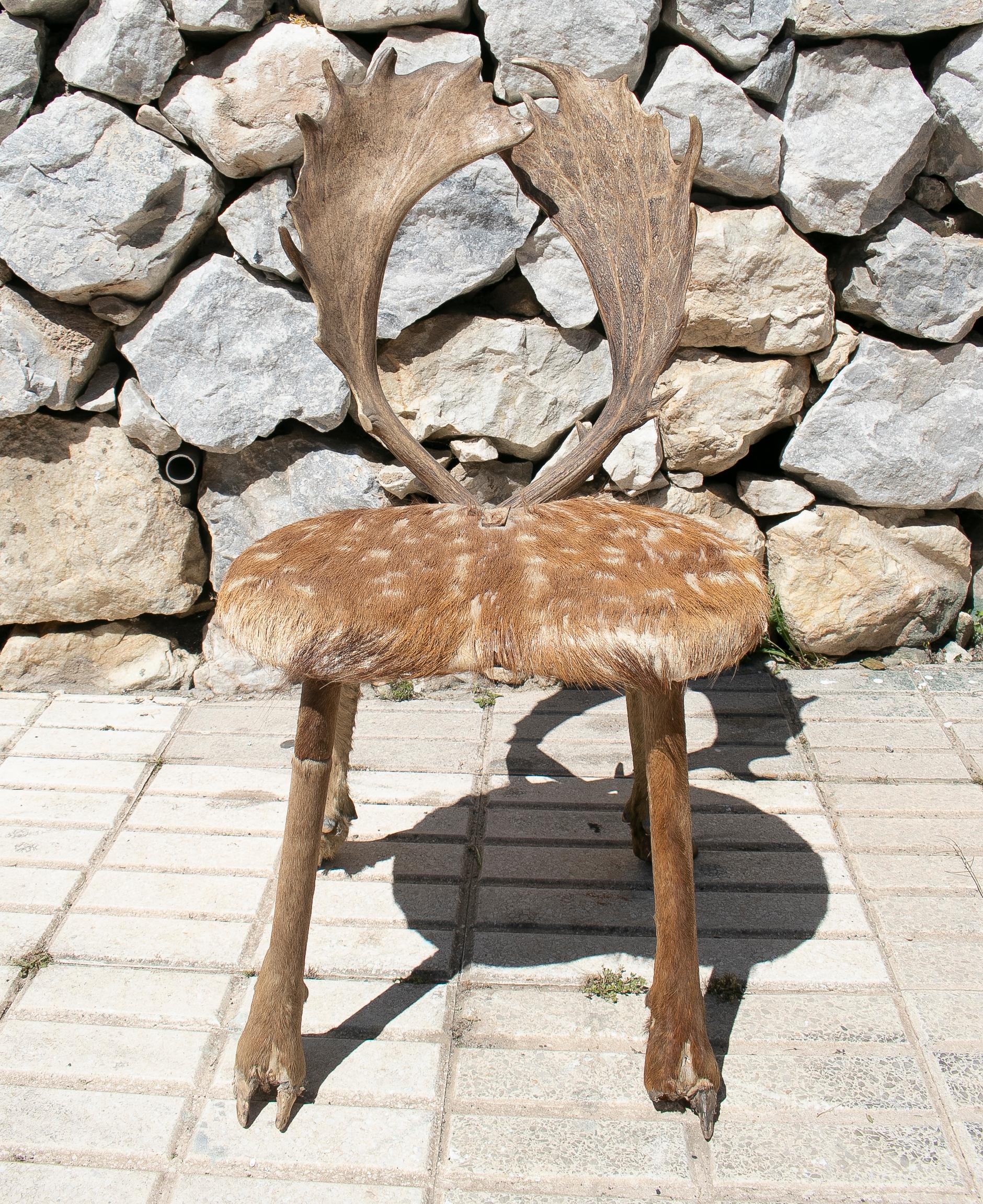 1970s Spanish deer antlers chair with fur seat and legs.