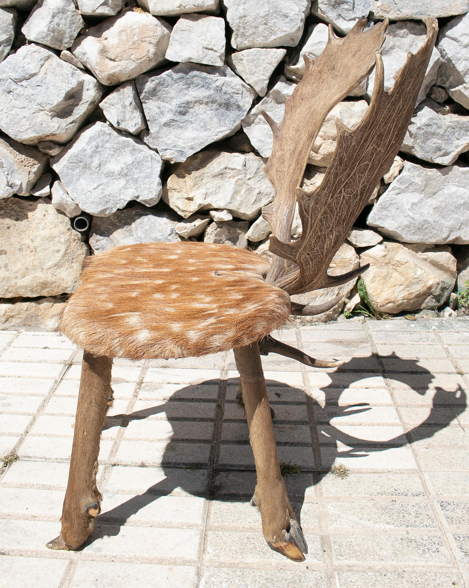 German 1970s Spanish Deer Antlers Chair w/ Fur Seat and Legs