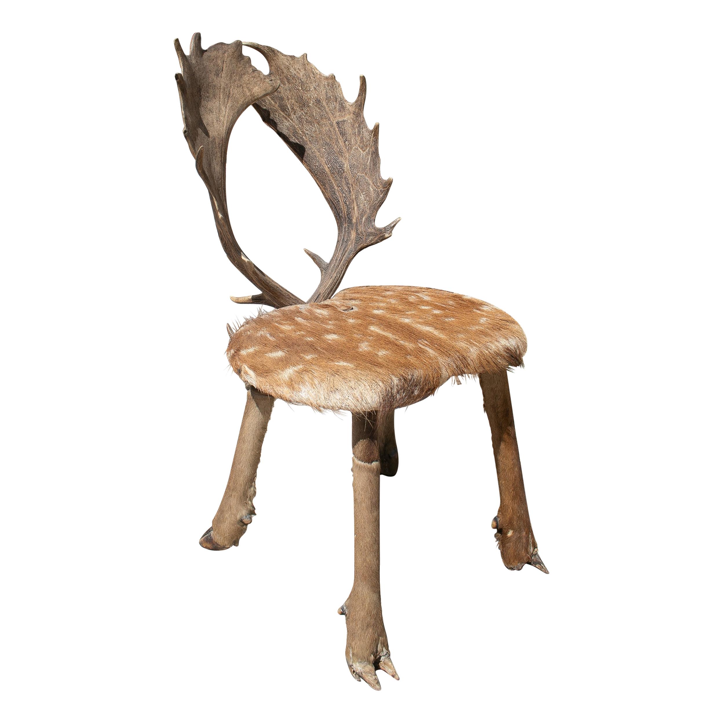 1970s Spanish Deer Antlers Chair w/ Fur Seat and Legs