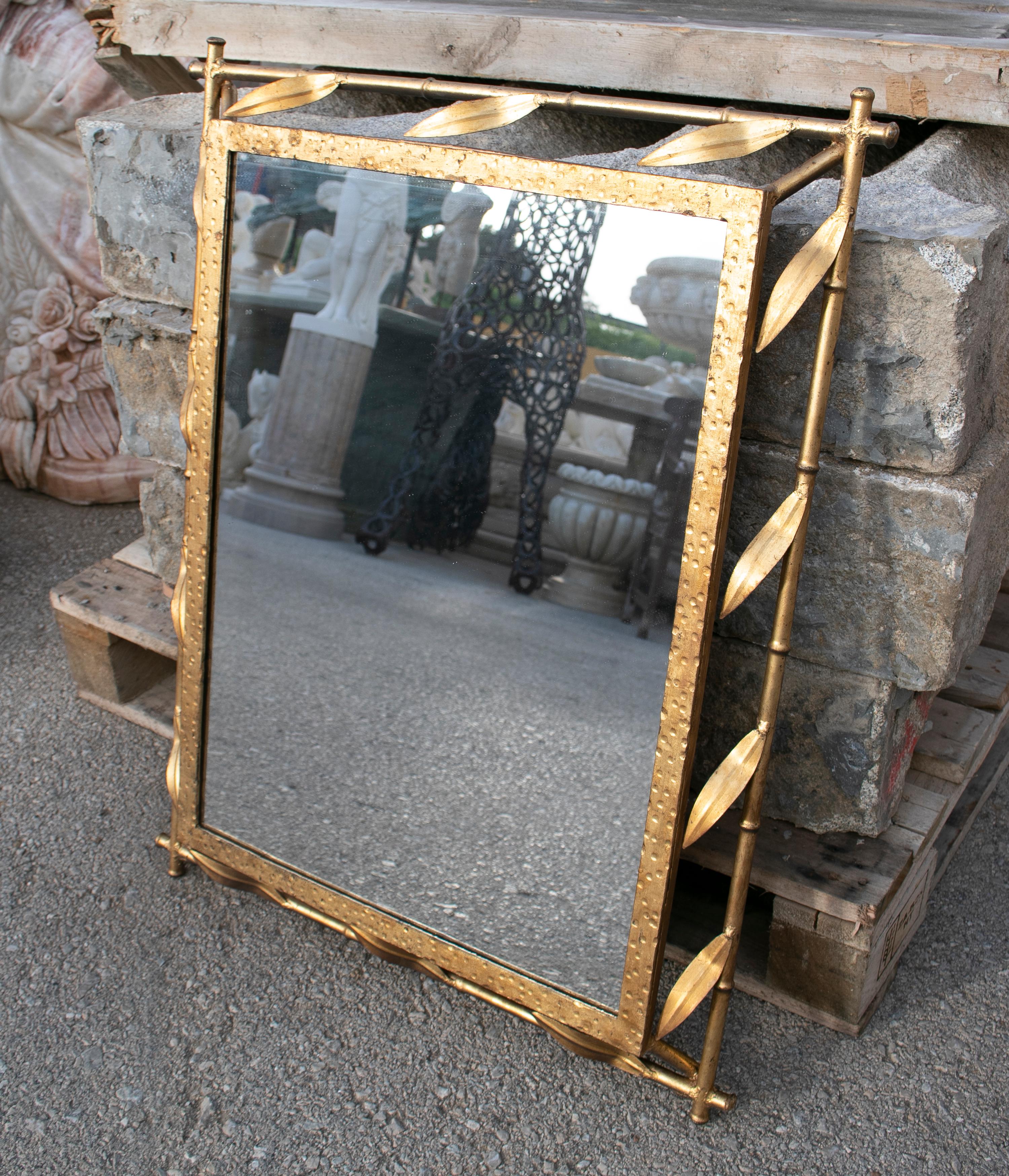 1970s Spanish Faux Bamboo and Leafs Golden Iron Mirror In Good Condition In Marbella, ES