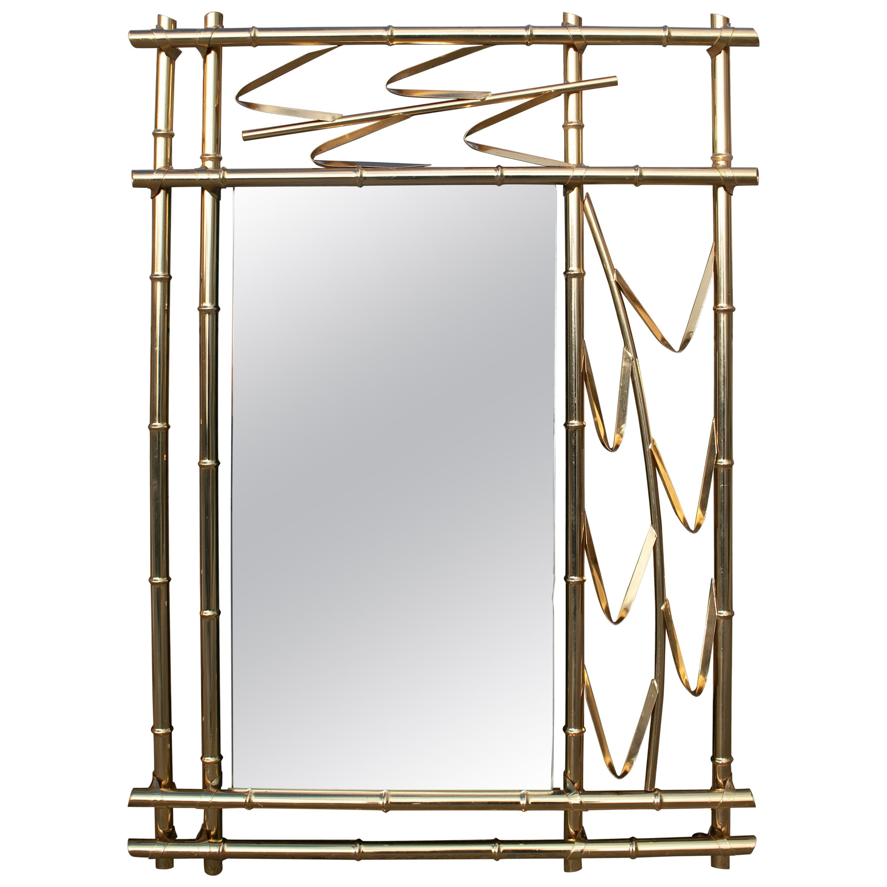 1970s Spanish Faux Bamboo Golden Iron Mirror For Sale