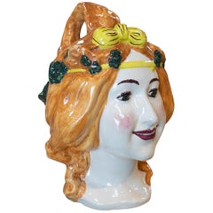 1970s Spanish Female Bust "Botijo" Earthenware Water Jug Signed Maestre M.V.