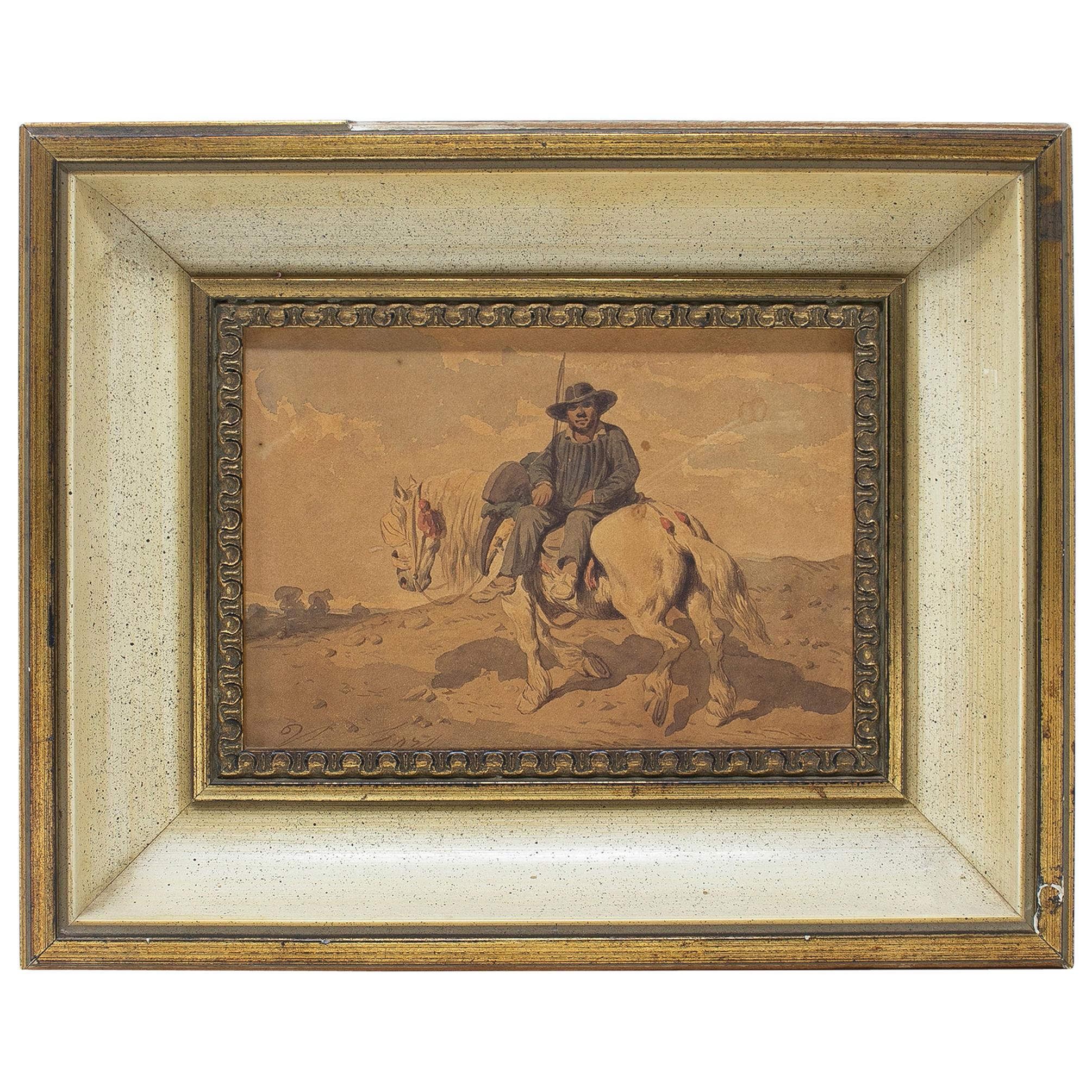 1970s Spanish Framed Watercolour of Sancho Panza, Squire to Don Quixote