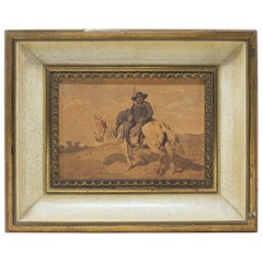 Acuarela española enmarcada de los años 70 de Sancho Panza, escudero de Don Quijote
