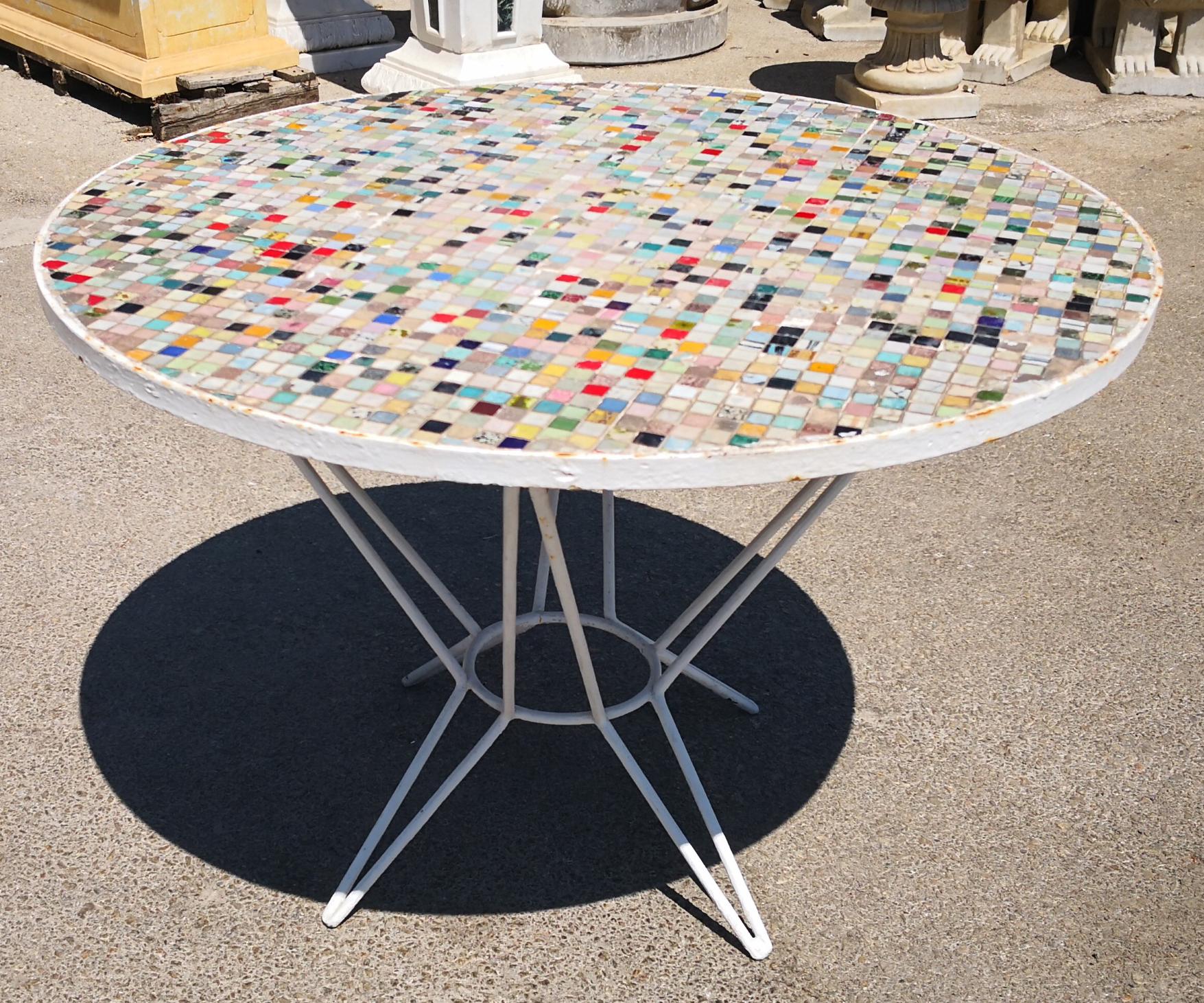 1970s Spanish garden glass mosaic table with iron frame and legs.