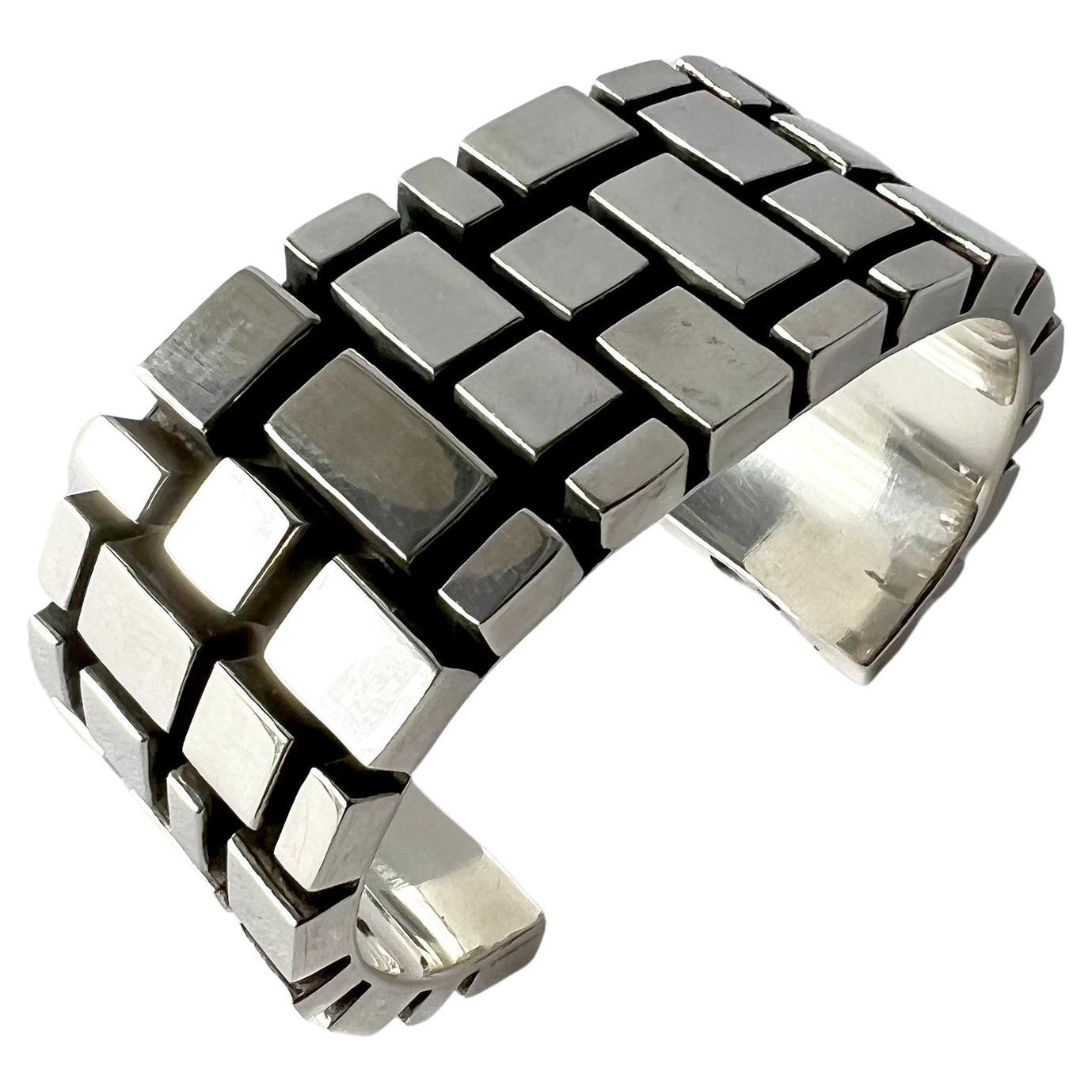1970s Spanish Geometric Modernist Sterling Silver Gentlemens Cuff Bracelet