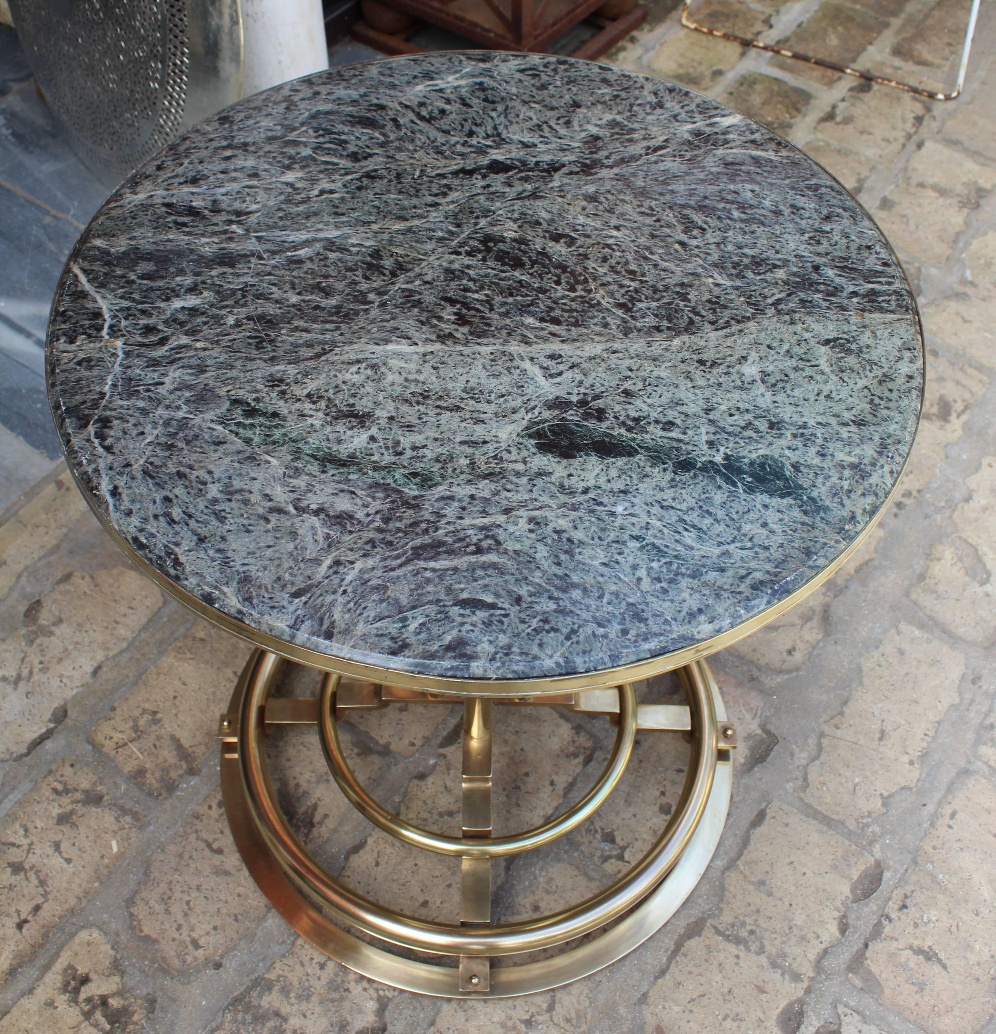 20th Century 1970s Spanish Gilded Brass Side Table with Green Serpentine Marble Top