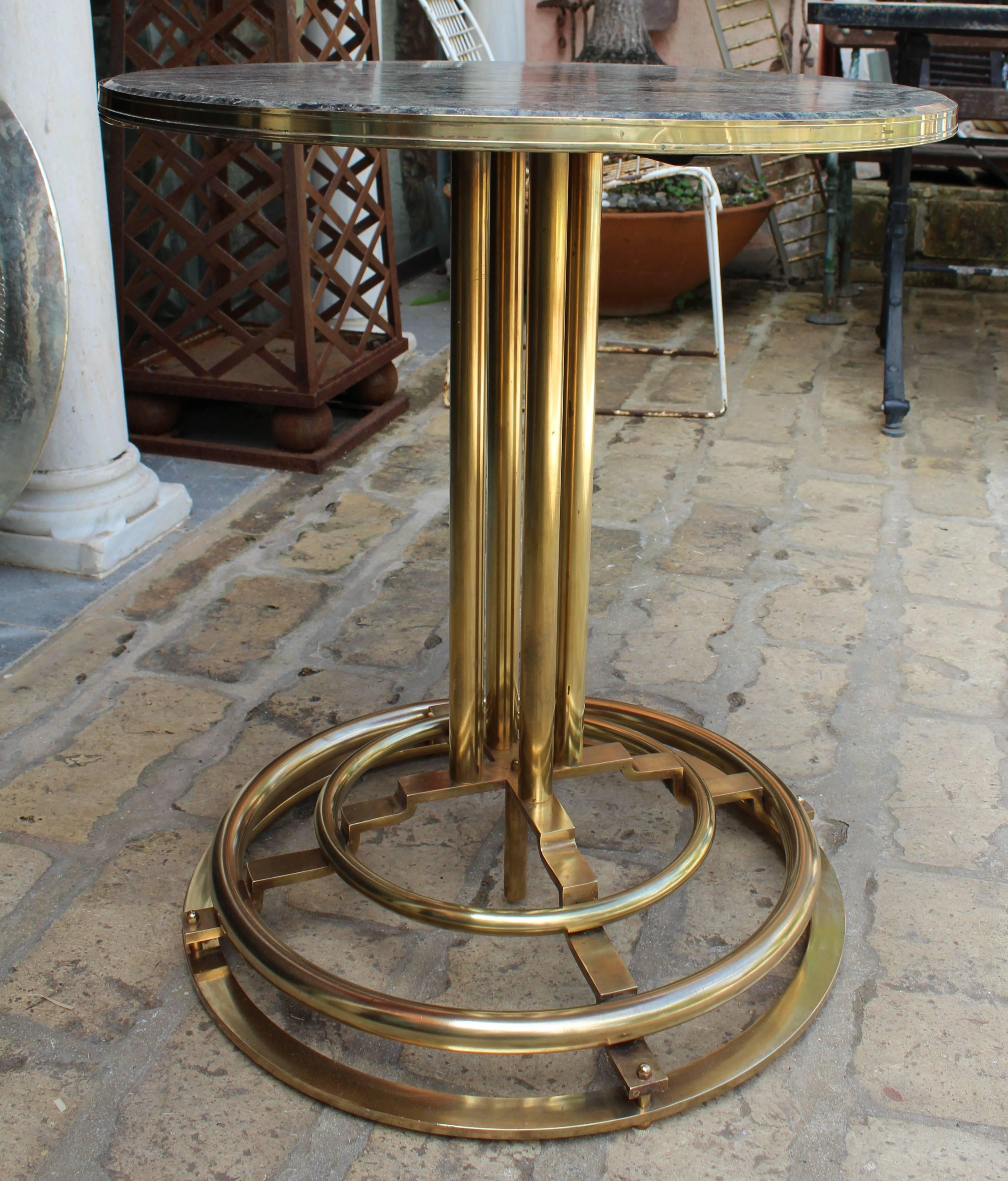 Bronze 1970s Spanish Gilded Brass Side Table with Green Serpentine Marble Top