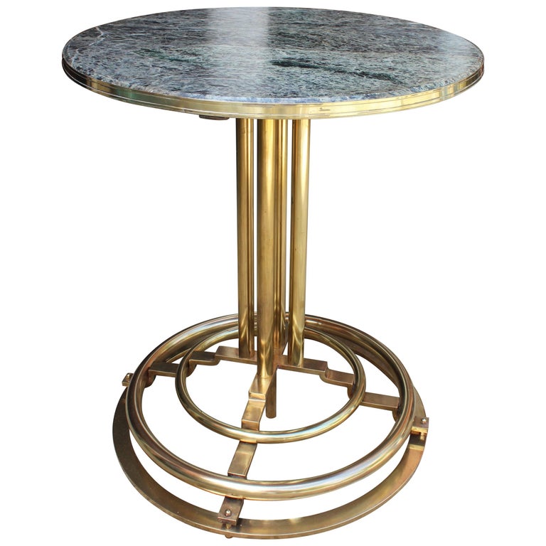1970s Spanish Gilded Brass Side Table with Green Serpentine Marble Top For Sale