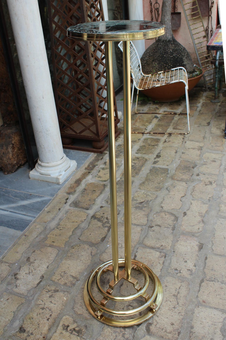Bronze 1970s Spanish Gilded Brass Tall Table with Green Serpentine Marble Top