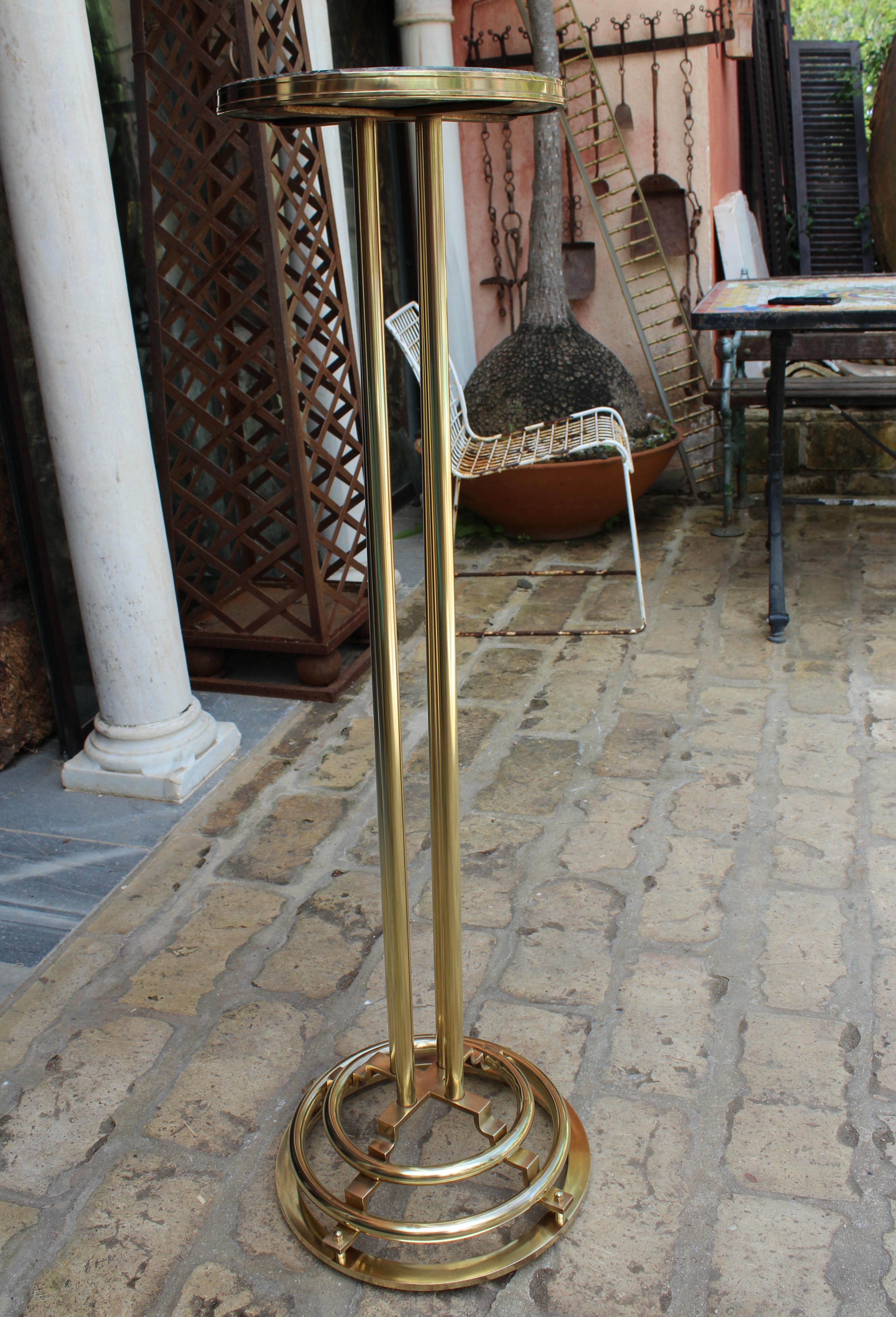 1970s Spanish Gilded Brass Tall Table with Green Serpentine Marble Top 2