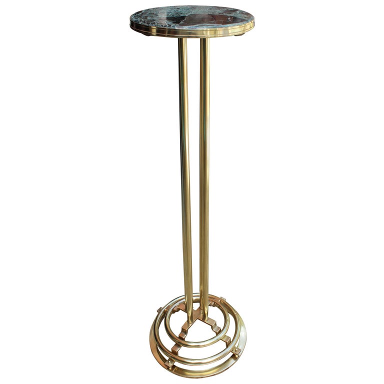 1970s Spanish Gilded Brass Tall Table with Green Serpentine Marble Top