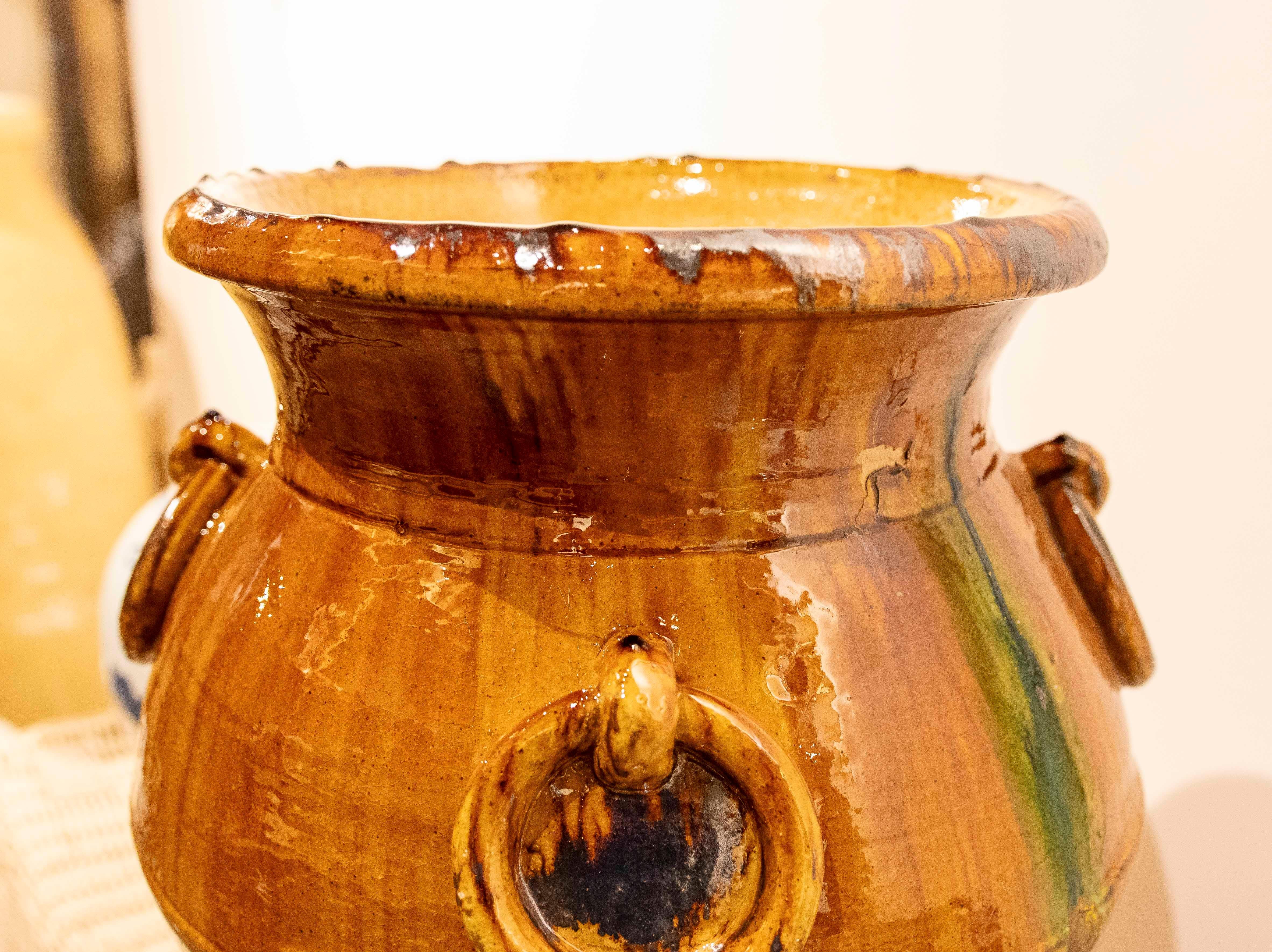 1970s Spanish Glazed Ceramic Vase with Handle Decoration  For Sale 8