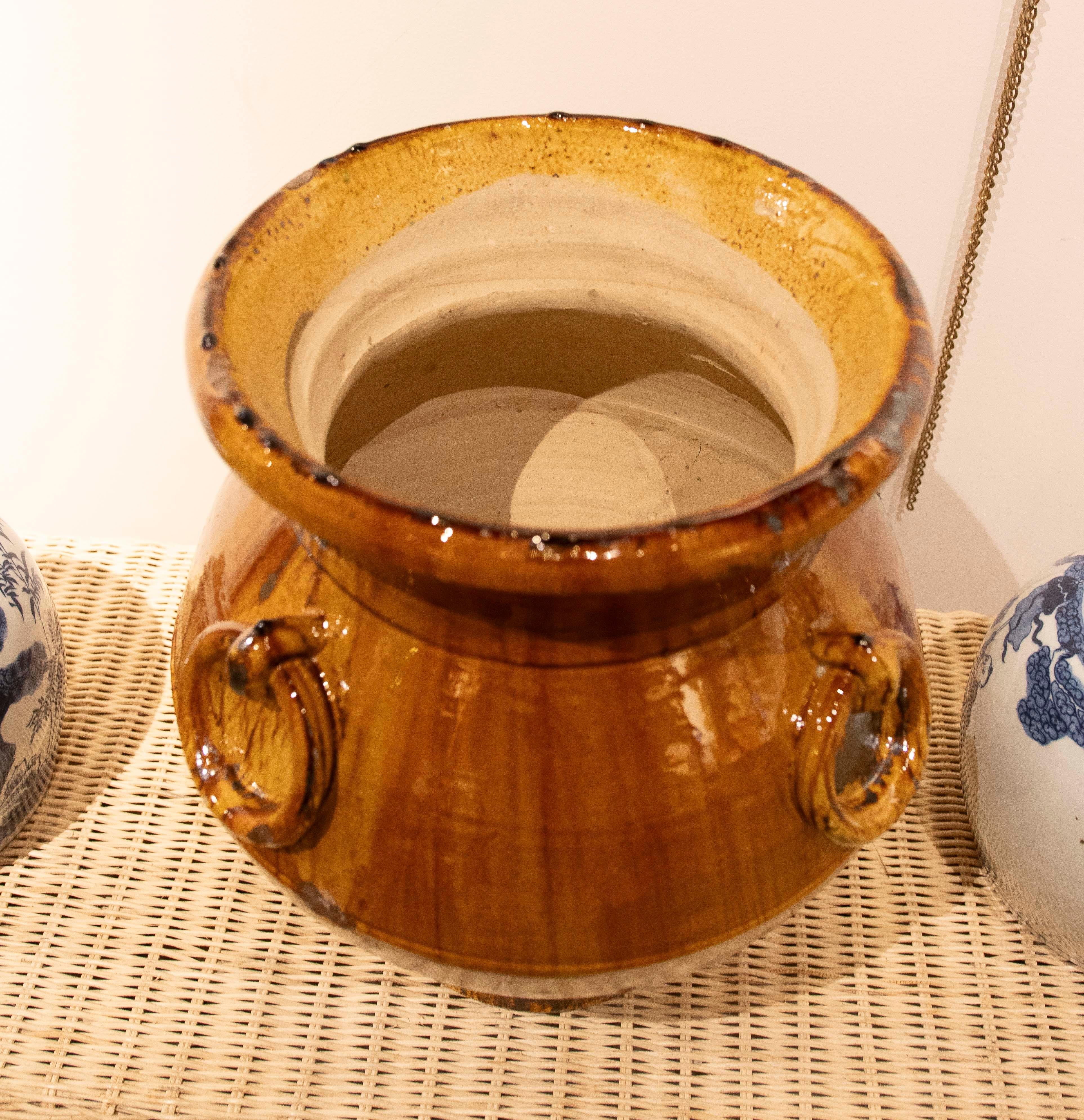 1970s Spanish Glazed Ceramic Vase with Handle Decoration  For Sale 5