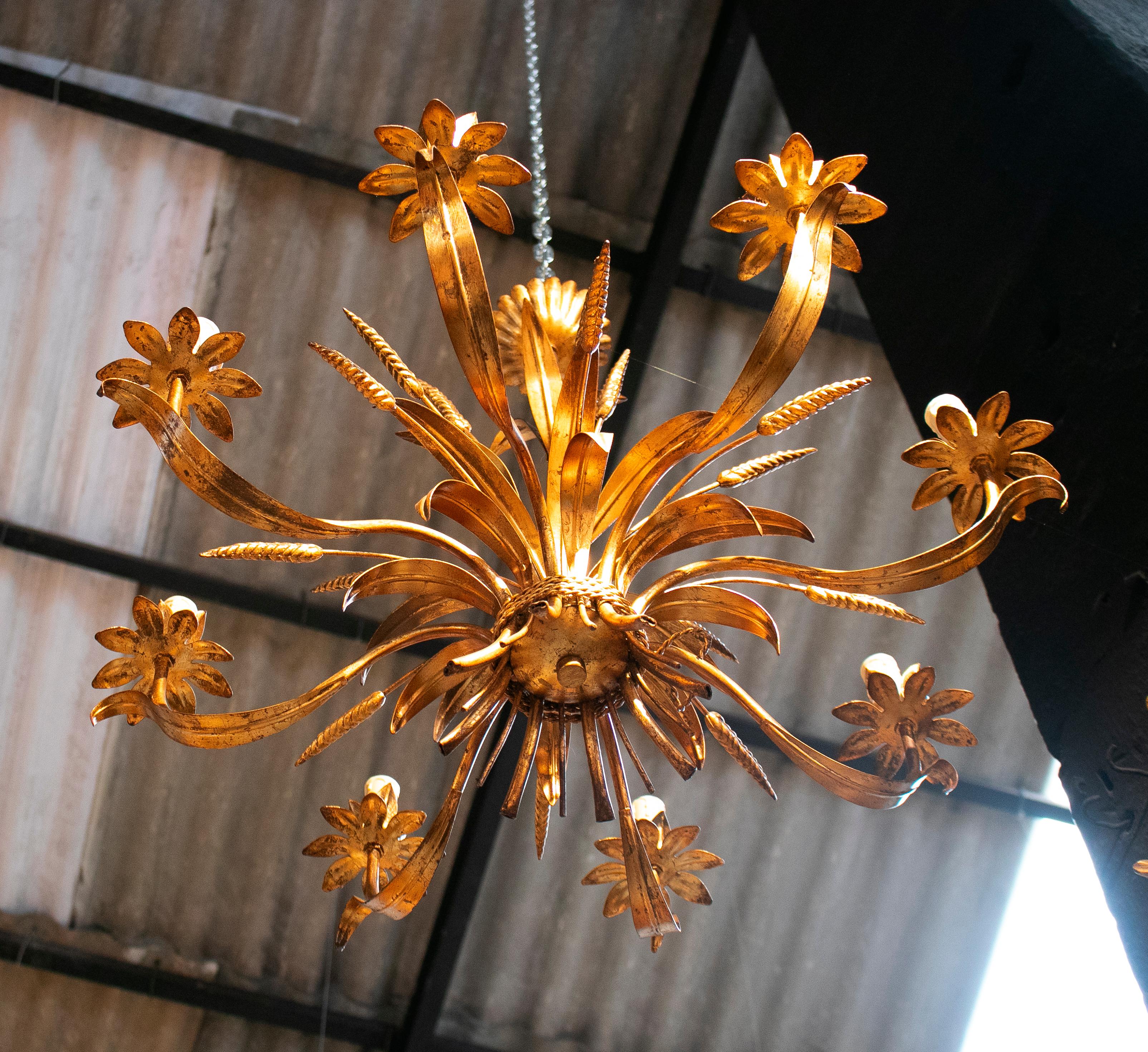 1970s Spanish Golden Iron Ceiling Lamp with Flower Decorations In Good Condition In Marbella, ES