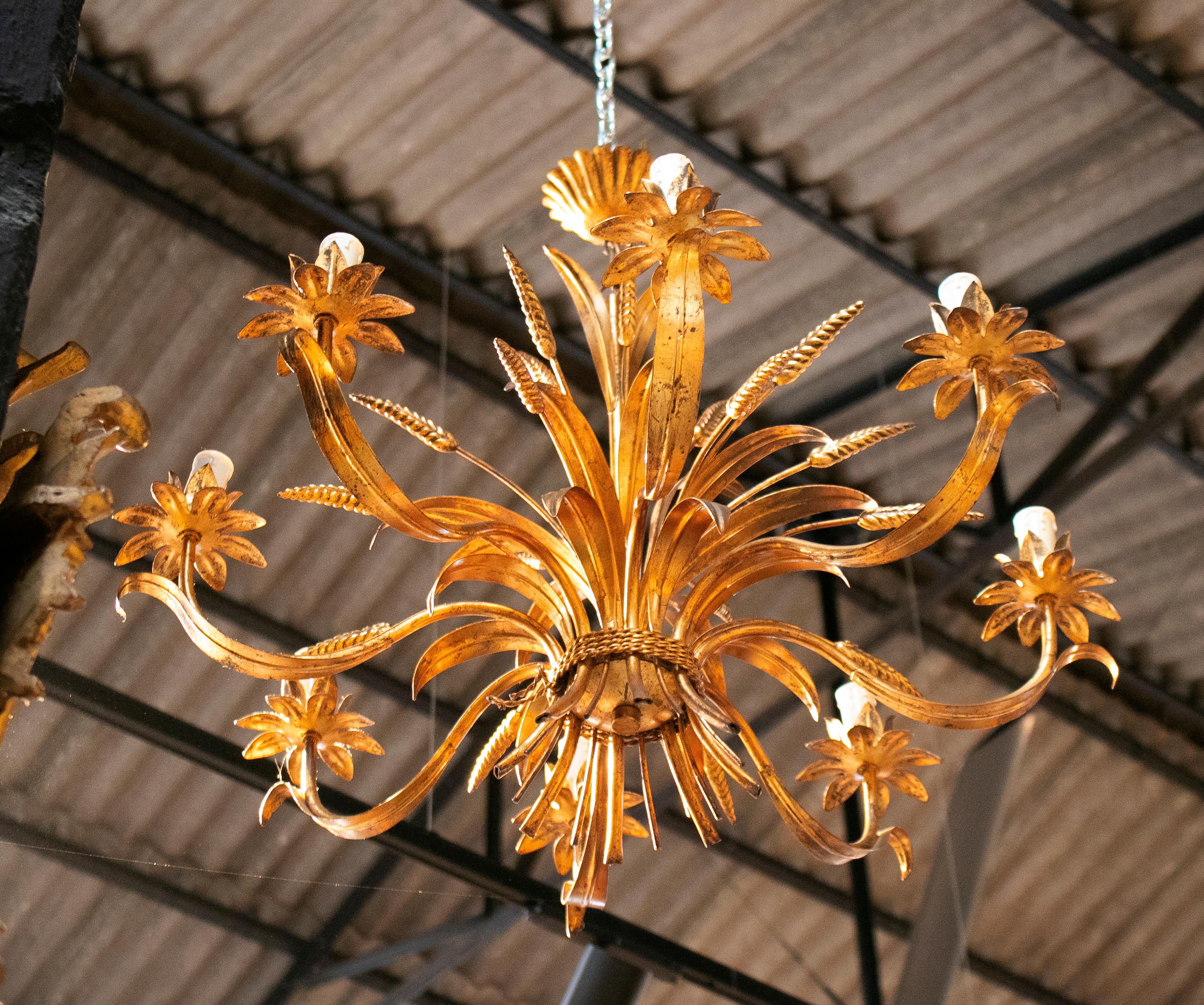 20th Century 1970s Spanish Golden Iron Ceiling Lamp with Flower Decorations
