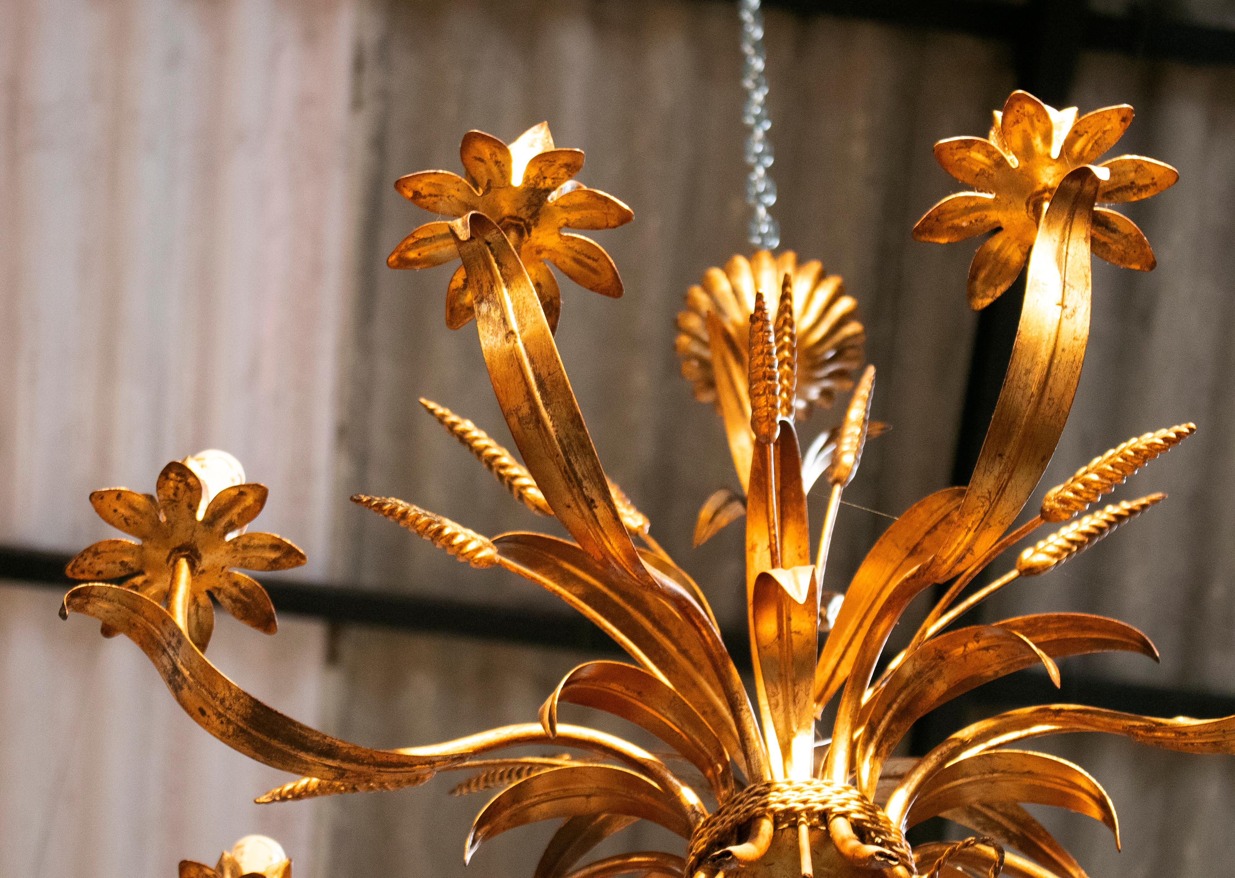 1970s Spanish Golden Iron Ceiling Lamp with Flower Decorations 2