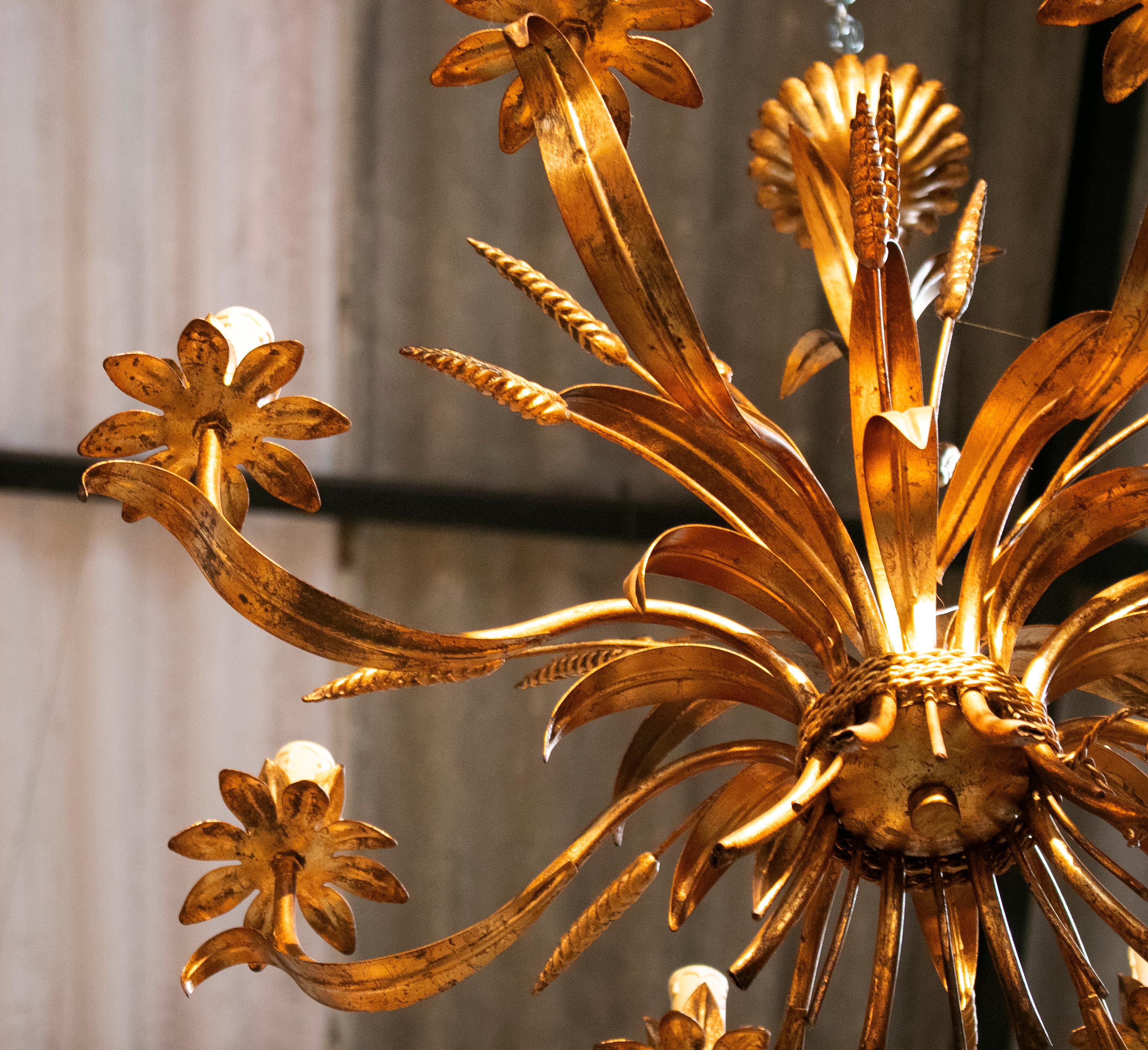 1970s Spanish Golden Iron Ceiling Lamp with Flower Decorations 3