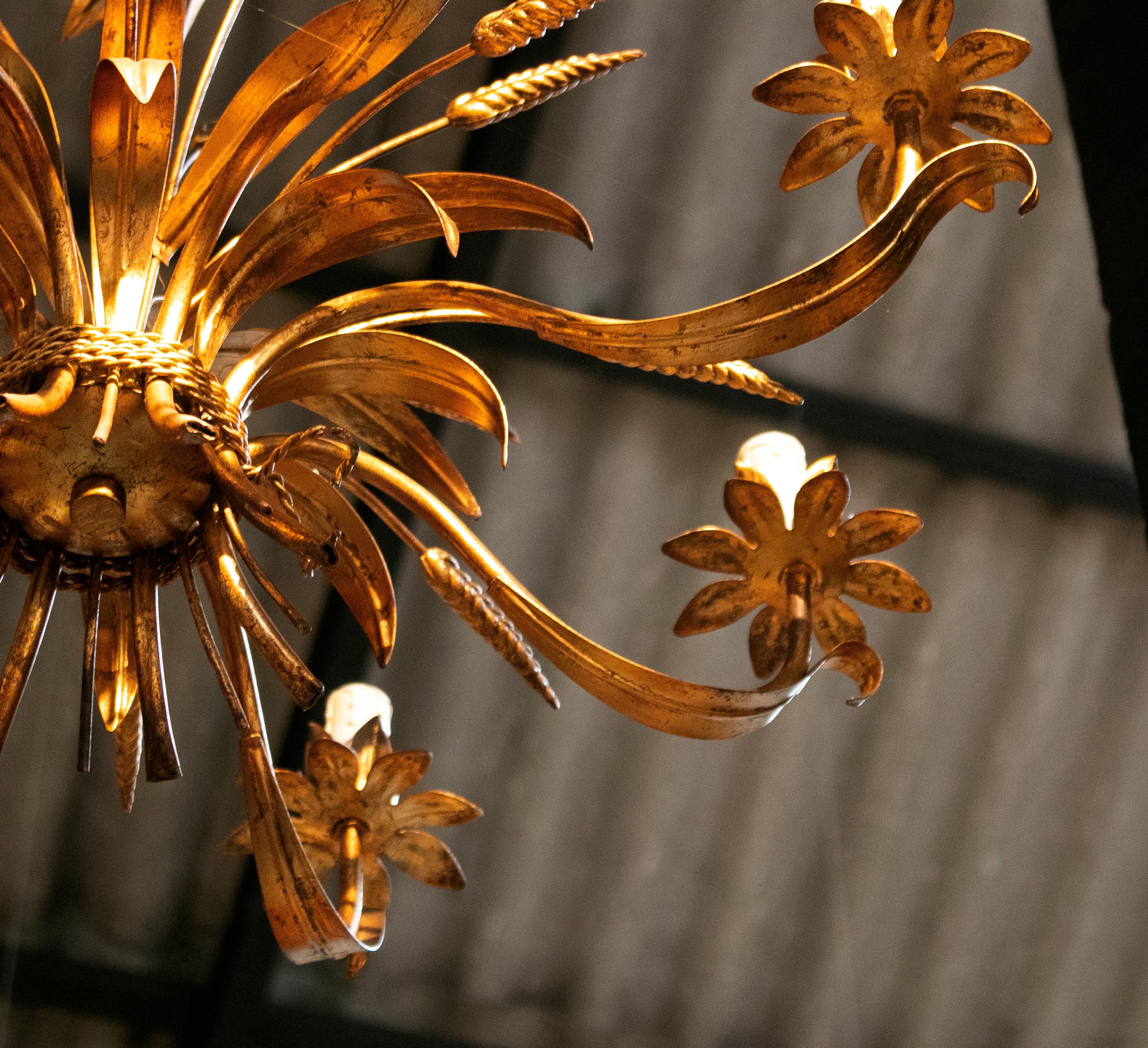 1970s Spanish Golden Iron Ceiling Lamp with Flower Decorations 5