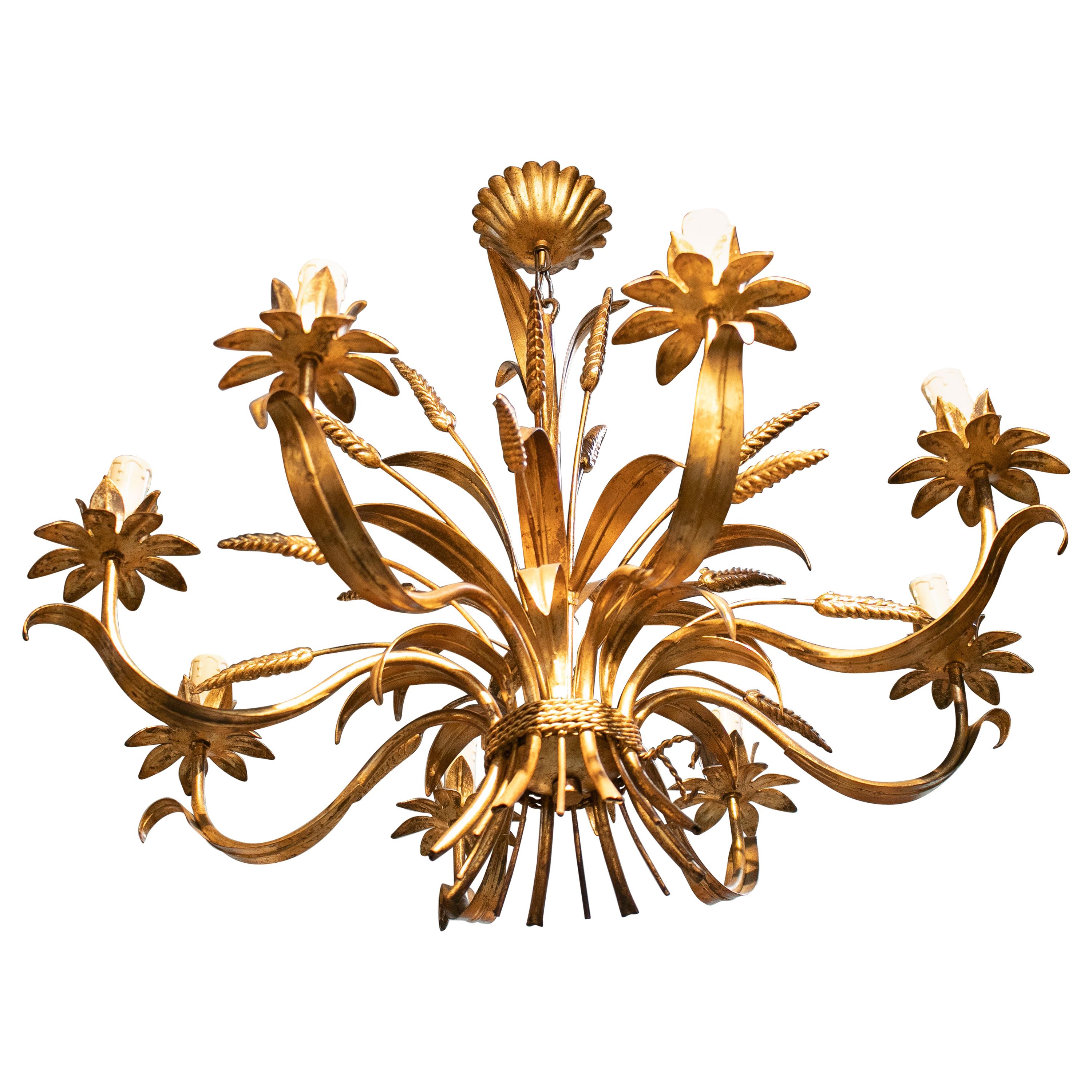 1970s Spanish Golden Iron Ceiling Lamp with Flower Decorations