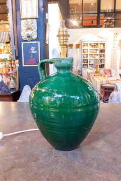 1970s Spanish Green Glazed Ceramic Lamp in the Shape of an Oil Can