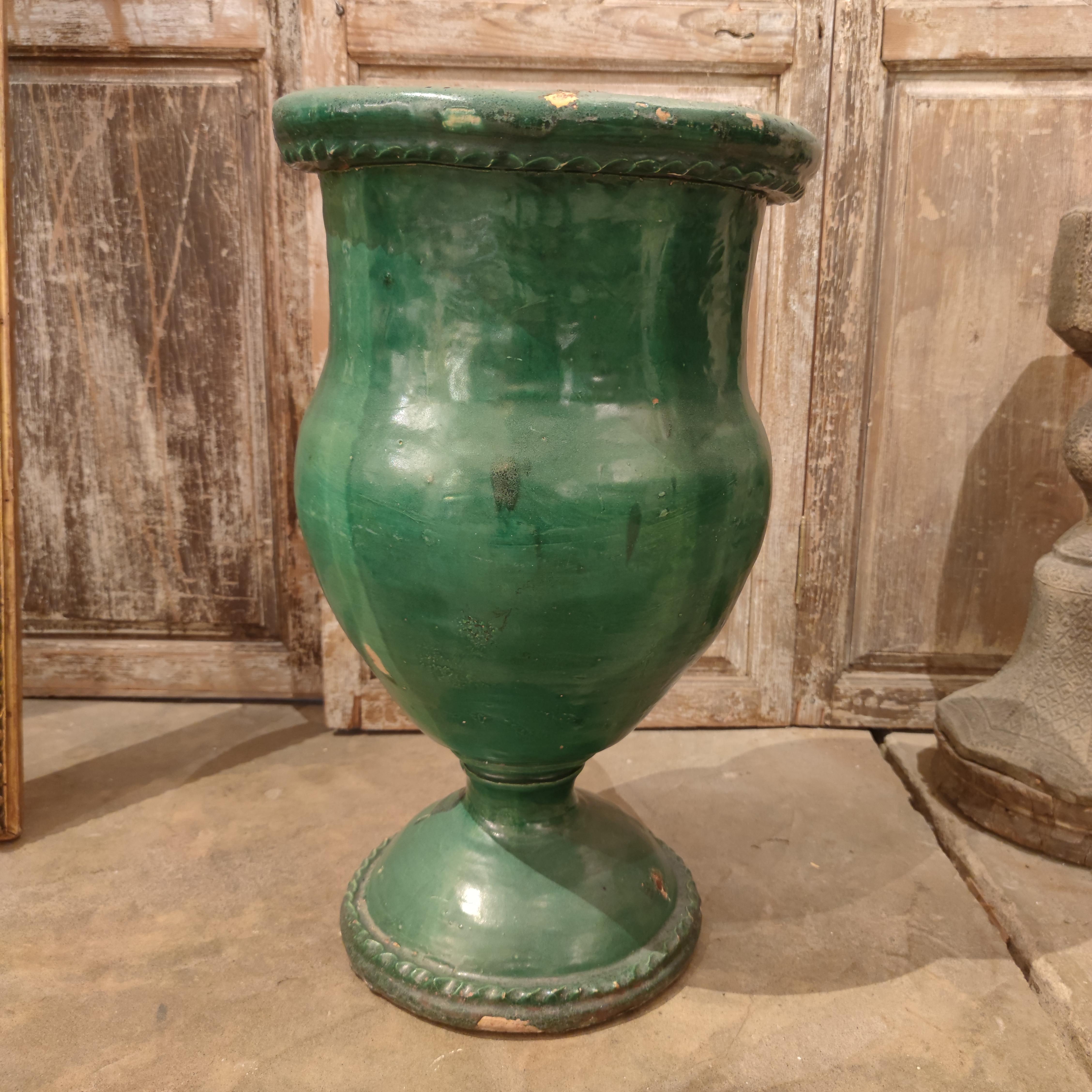 Vintage 1970s Spanish green glazed ceramic urn planter.