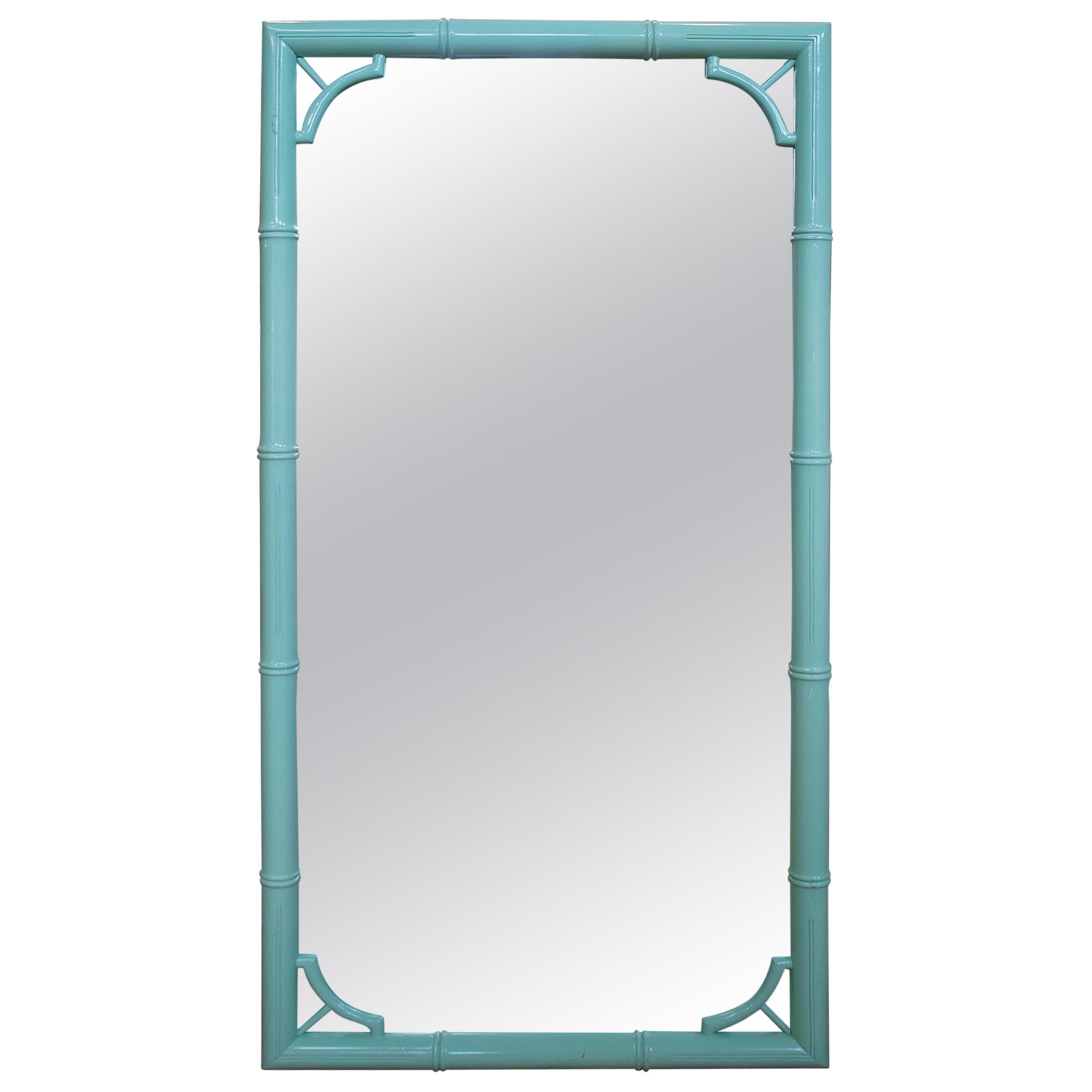 1970s Spanish Green Lacquered Faux Bamboo Mirror 